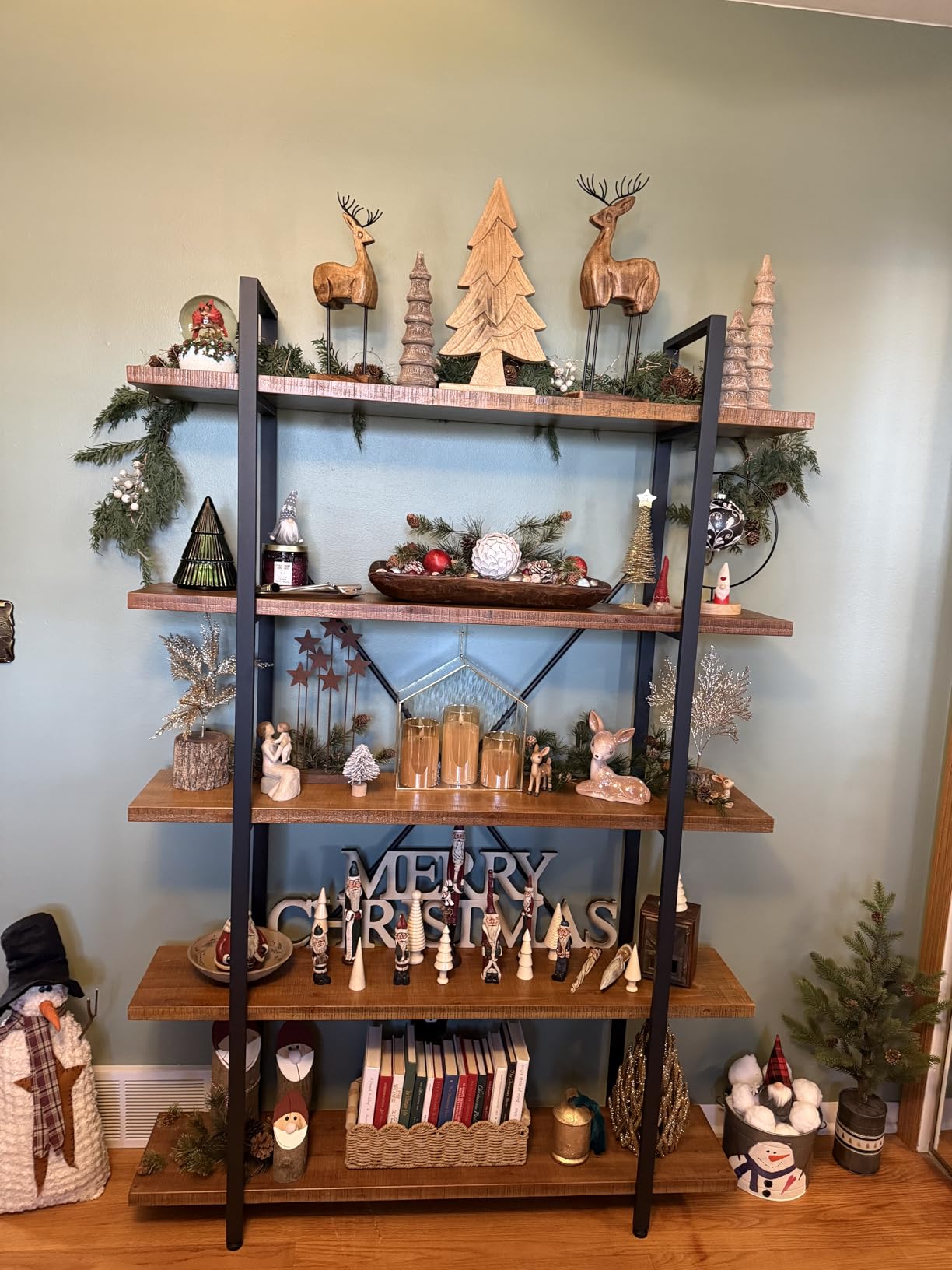 HSH 6 Tier Solid Wood Bookshelf, Industrial Wood and Metal Tall Large Etagere Bookcase and Storage Shelves, Rustic Open Natural Real Wooden Book Shelf for Bedroom Living Room, Distressed Brown customer photo 2