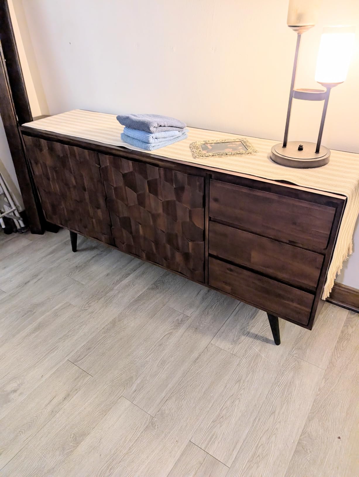Bme Sideboard Georgina Solid Wood 2 Doors and 3 Drawers, 61'' Mid Century Modern Cabinet with Geometric Pattern for Kitchen, Dining, Living Room customer photo 2