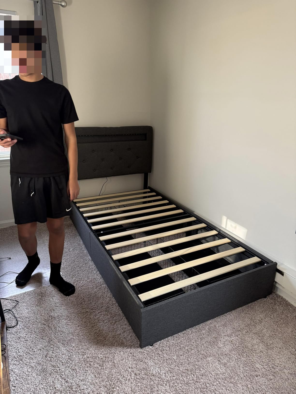 Rolanstar Twin Bed Frame with 4 Storage Drawers and Charging Station,Twin Bed with Led Lights, 2 USB & 1 Type C, Adjustable Headboard 38.9/40.8 Inches, No Box Spring Needed, Black customer photo 2