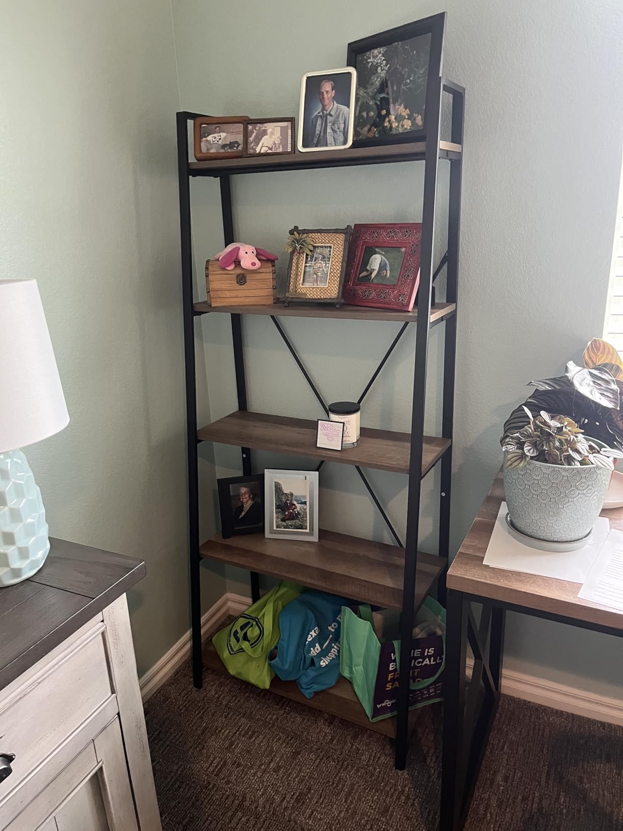 BON AUGURE Industrial Ladder Shelf Bookcase, 4 Tier Rustic Ladder Bookshelf, Standing Leaning Book Shelves for Living Room (Rustic Oak) customer photo 2