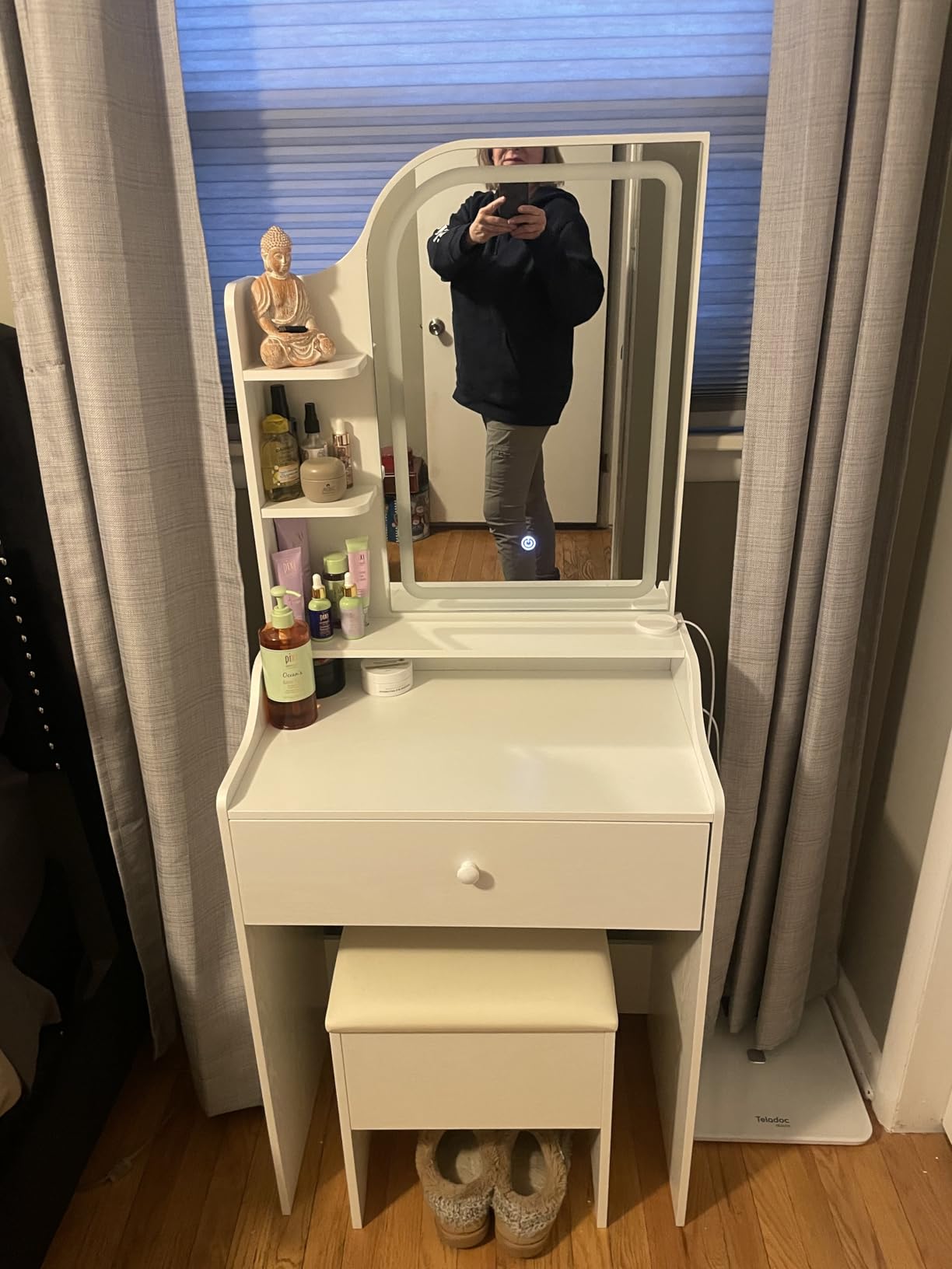 LIKIMIO Small Makeup Vanity Desk with Mirror and Lights, Vanity Table Set with Storage Drawer, Chair and Three Shelves, Bedroom, White customer photo 2