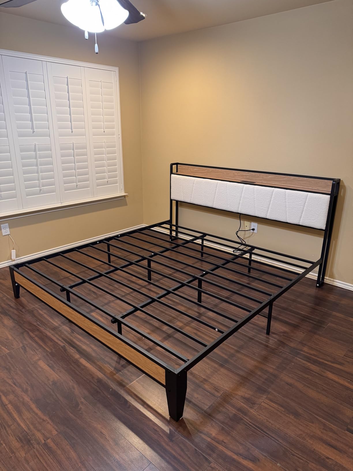 King Bed Frame, Storage Headboard with Charging Station, Solid and Stable, Noise Free, No Box Spring Needed, Easy Assembly (Walnut and Beige) customer photo 2
