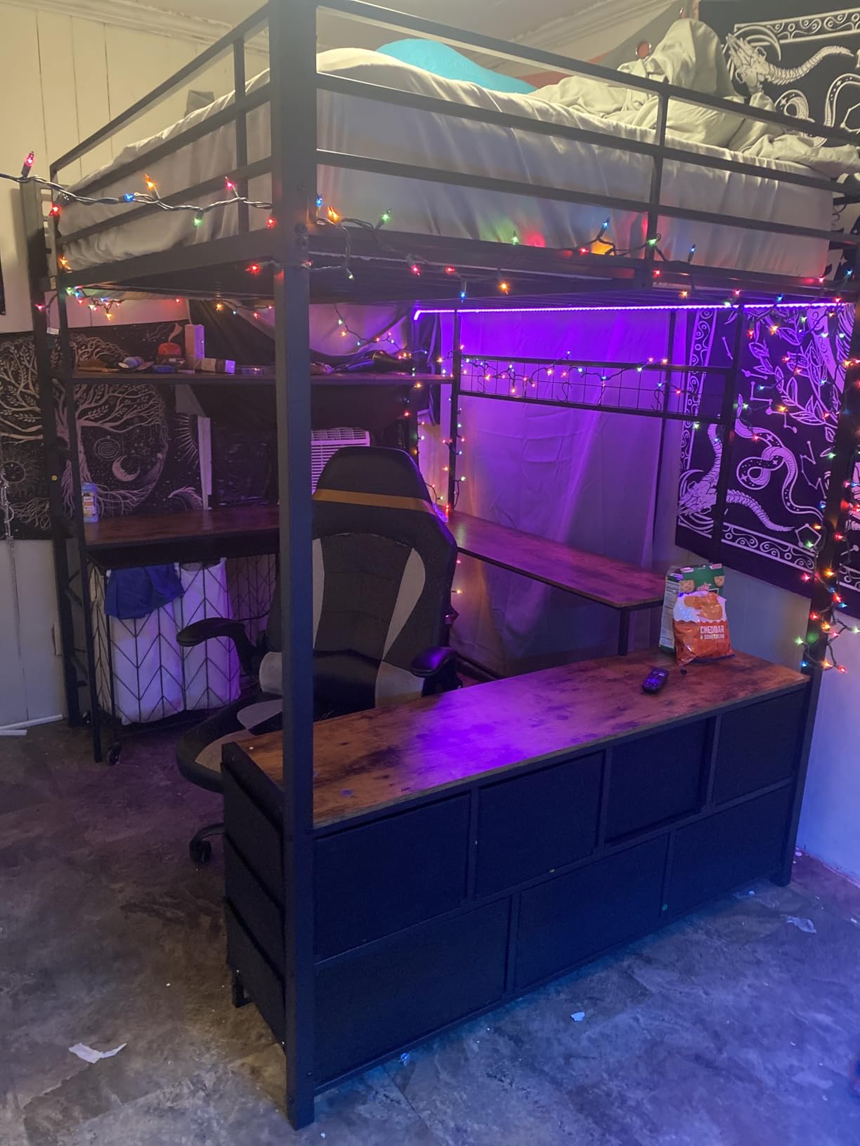 DICTAC Twin Loft Bed with L-Shaped Desk, LED Lights, Charging Station LED Metal Kids Loft Bed Twin Size with 3 Storage Shelves and 3 Fabric Drawers, Safety Guard & Ladder, No Box Spring Needed, Black customer photo 1