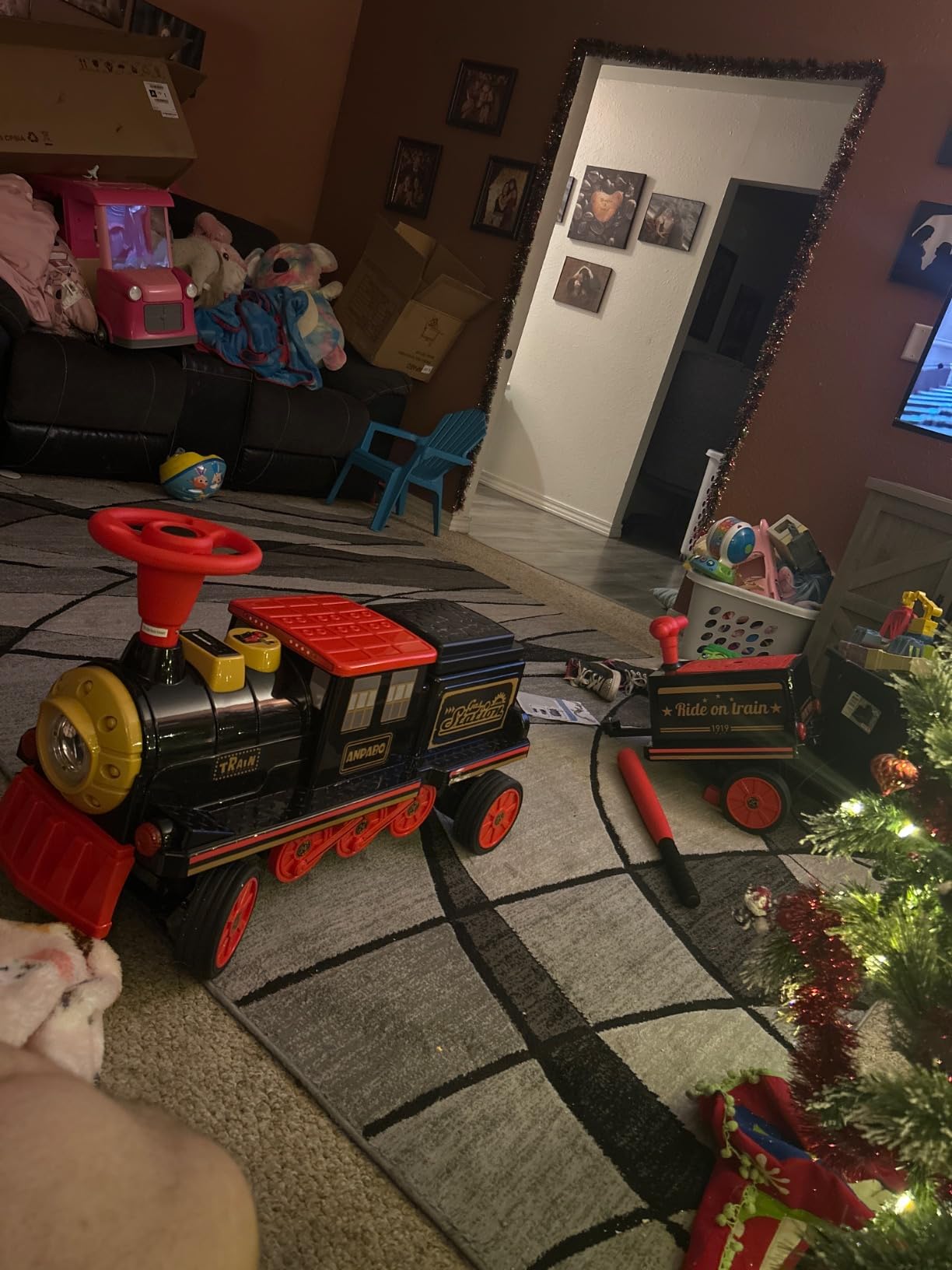 ANPABO Ride On Train Set Trackless, Include 1 Locomotive and 1 Carriage, 12V Kids Car with Height-Adjustable Seat, Extra Storage, Headlight, Train Whistle & Music, Electric Car for Kids 3+, Red customer photo 1