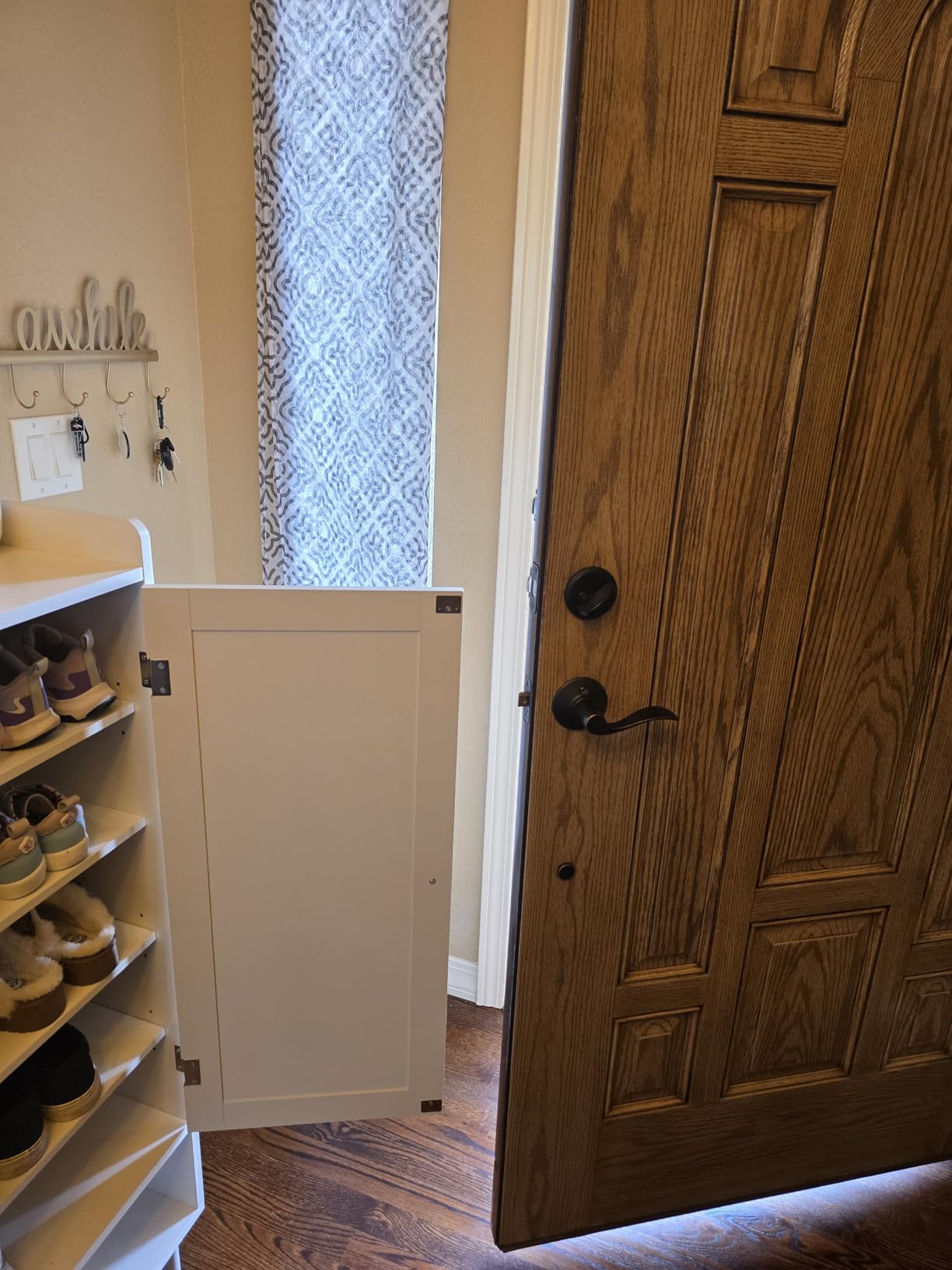 ONBRILL Shoe Storage Cabinet with Cross Molding Doors, 6-Tier Farmhouse Shoe Cabinet with 3 Adjustable Shelves and Metal Legs, 45'' Tall Shoes Rack Organizer Cabinet for Entryway, Front Door, White customer photo 2