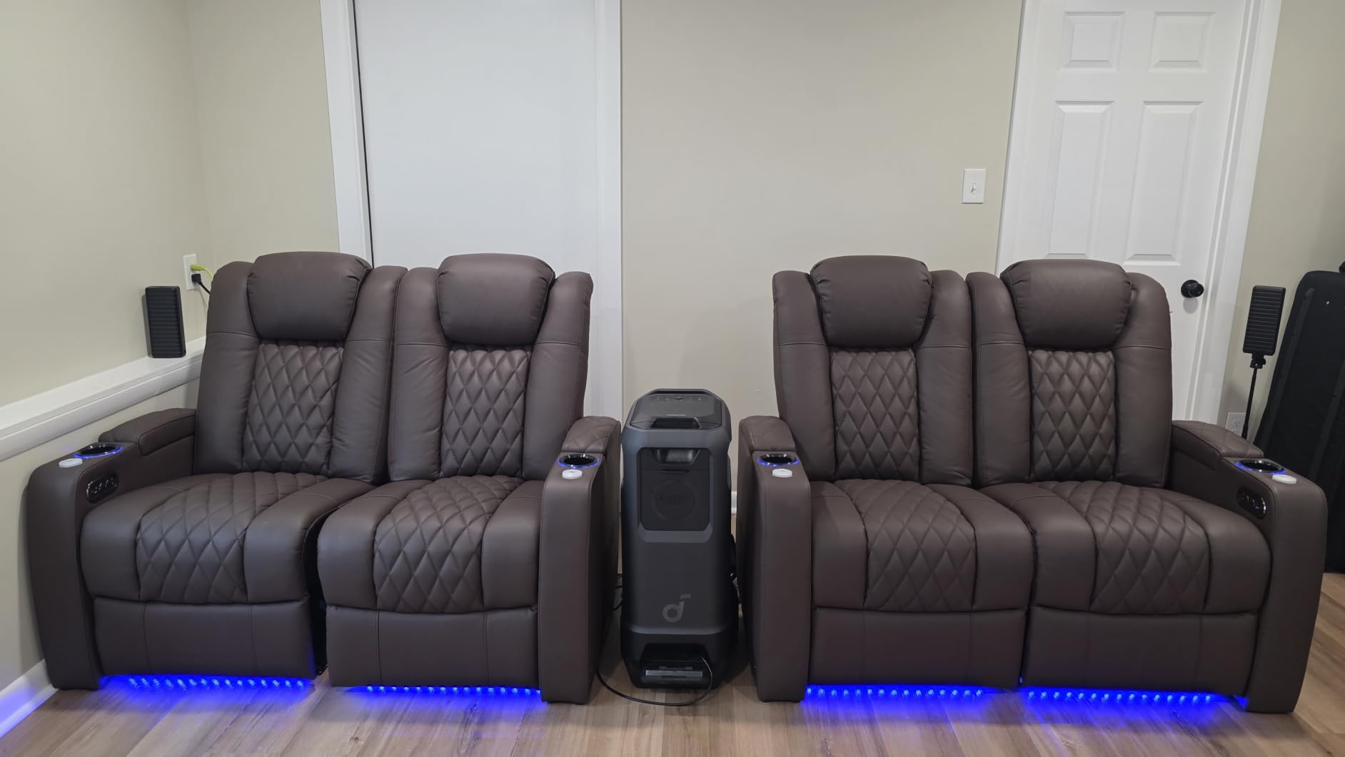 comfiroom Home Theater Seating Seats Classic Series Top Grain Nappa Leather Loveseat Recliner Chairs Dual Power Movie Gaming Sofa Chair Electric Headrest with Tray Table (Black, Row of 2 Loveseat) customer photo 1