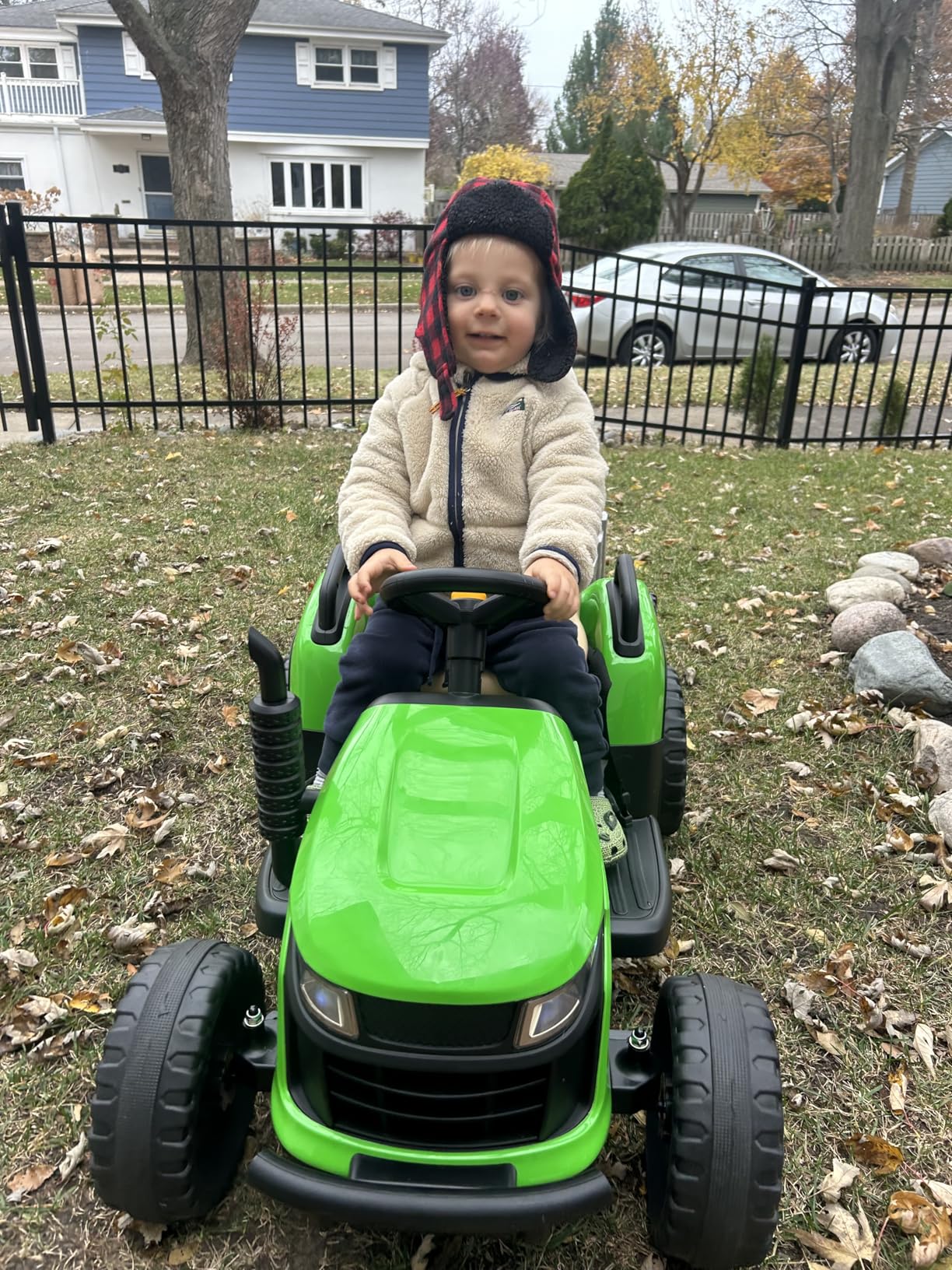 ANPABO 24V Ride On Tractor w/Tiltable & Detachable Trailer, EVA Tires, Up to 4.3Mph, Ride On Toys with Parental Remote, Realistic Tractor Sound & Chimney, Music Player, LED Light, Green customer photo 1