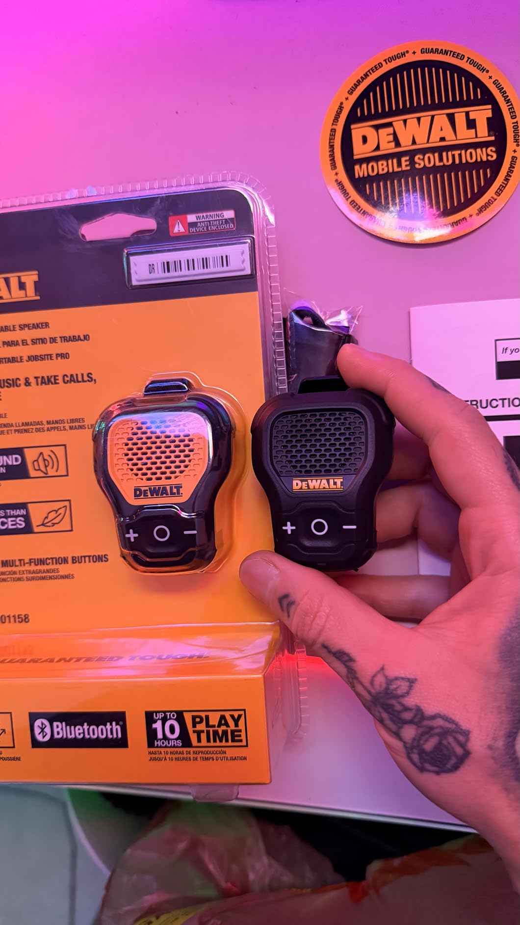 DEWALT Wearable Bluetooth Speaker [Onyx Edition - Black] Clip-On Wireless Jobsite Pro Water-Resistant Portable Speaker (Non-Magnetic), Mic for Hands-Free Music/Calls, Mini Speakers Bluetooth Wireless customer photo 2