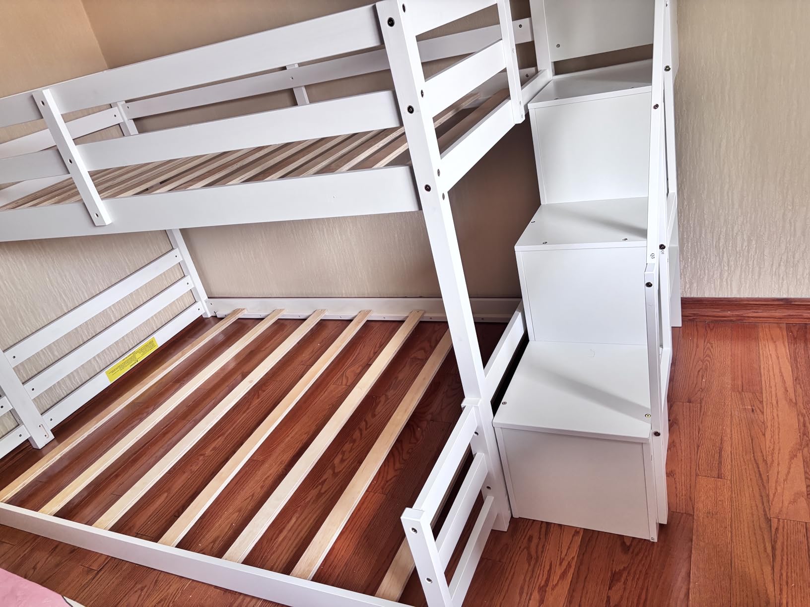 Giantex Twin Over Twin Bunk Bed with Stairs, Solid Wood Floor Bunk Bed with Storage Staircase & Full-Length Guardrails, Low Bunk Bed for Kids, Teens, Adults, Dorm, Small Space, White customer photo 1