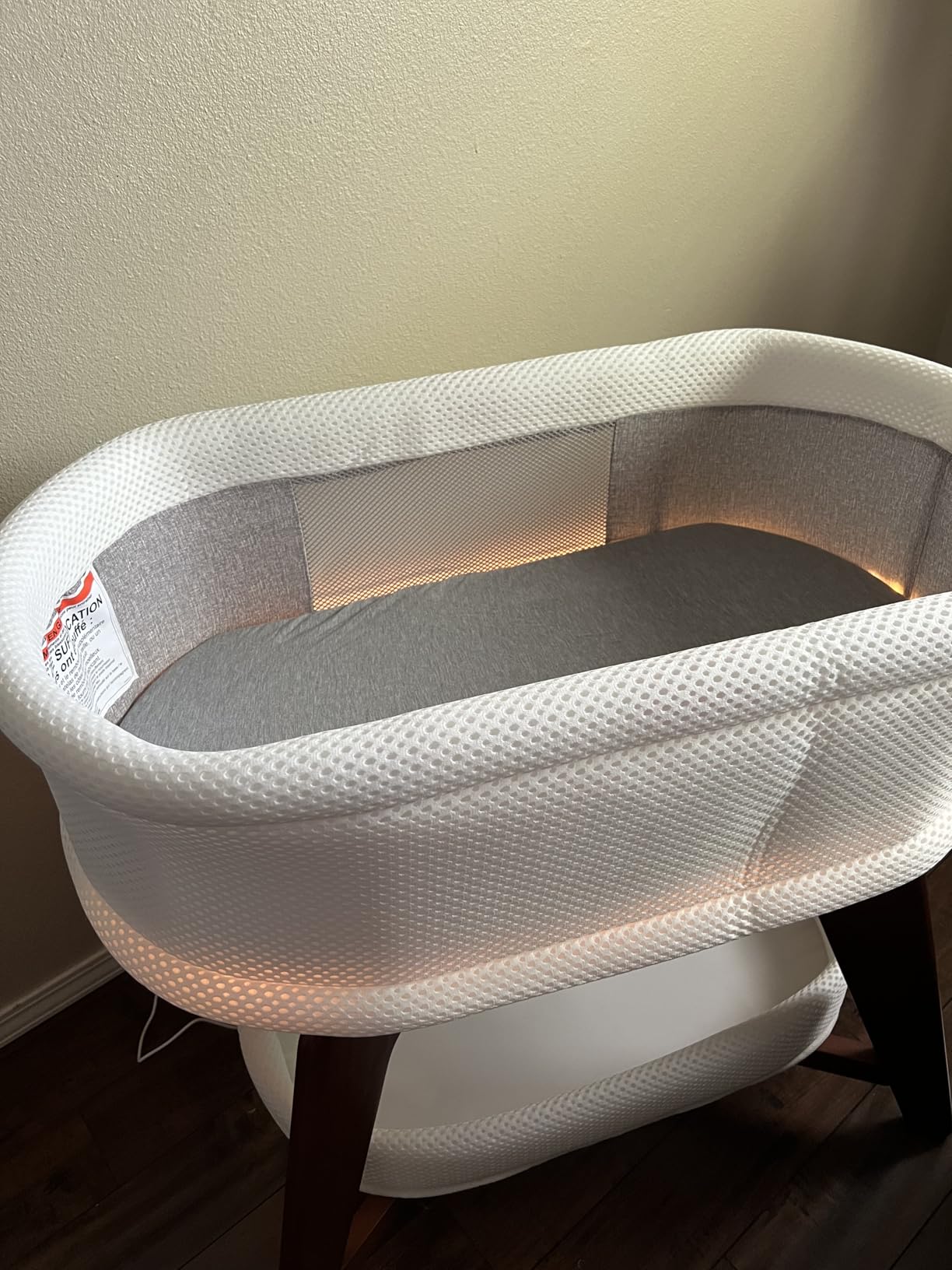 TruBliss Evi Smart Baby Bassinet Beside Sleeper with Auto-Glide, Ambient Nightlight & Sensory Sounds, Compatible with Alexa and Google Home, Includes 2 Sheets (White w/Mint Green Legs) customer photo 2