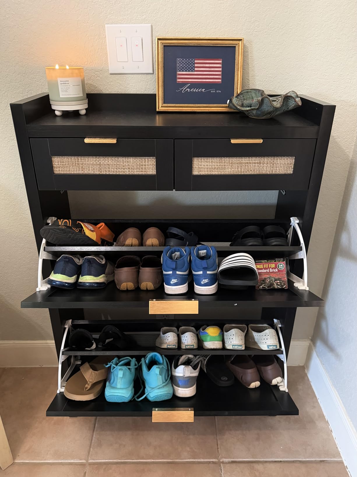 HOKYHOKY Rattan Shoe Storage Cabinet with 2 Drawers & 2 Flip Drawers - Hidden Slim Shoe Organizer for Entryway, Large Tabletop Space, Farmhouse Boho Narrow Shoe Rack, Rustic Oak customer photo 1