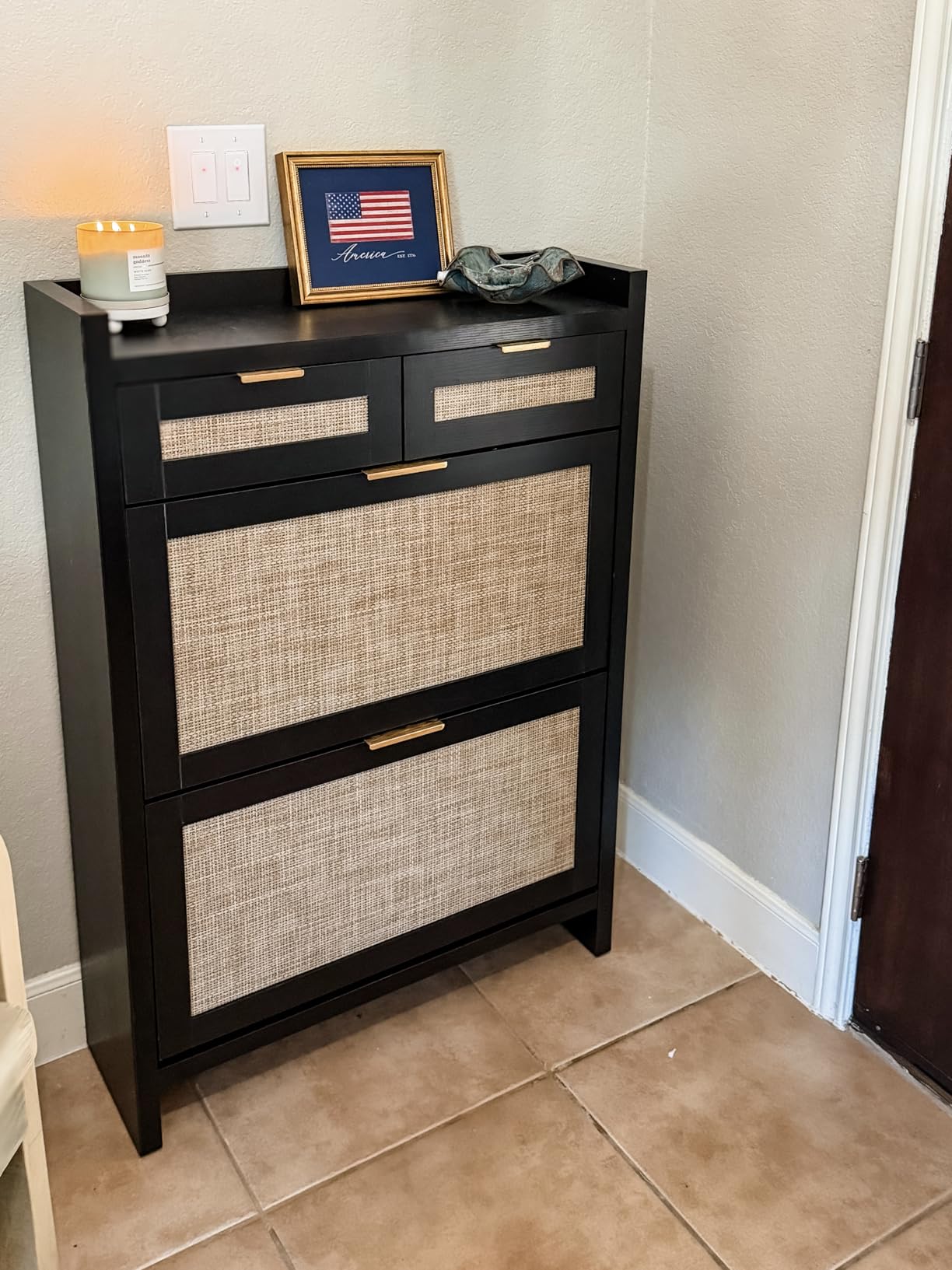 HOKYHOKY Rattan Shoe Storage Cabinet with 2 Drawers & 2 Flip Drawers - Hidden Slim Shoe Organizer for Entryway, Large Tabletop Space, Farmhouse Boho Narrow Shoe Rack, Rustic Oak customer photo 2