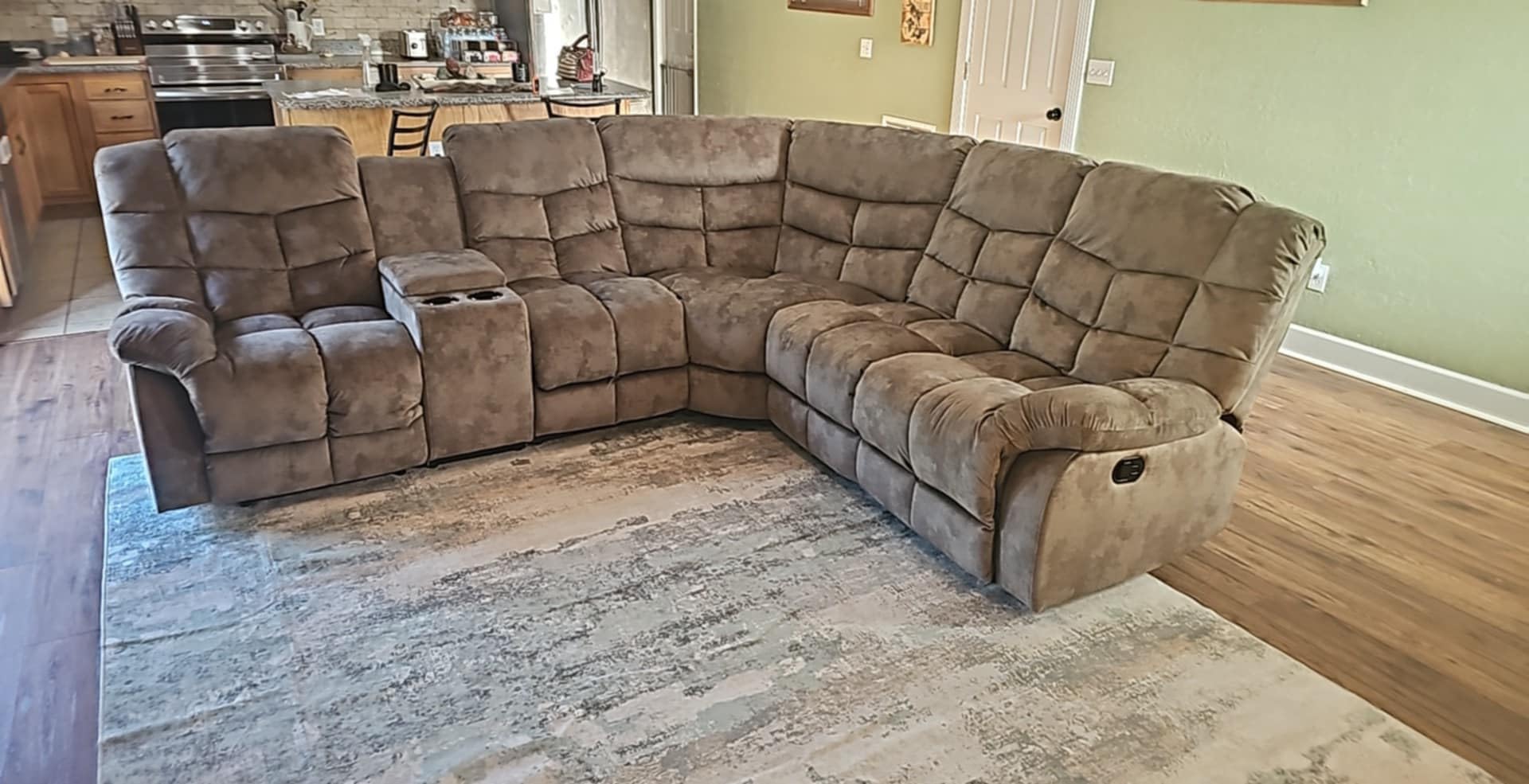 EBELLO Manual Reclining Sectional Sofa Set for Living Room, Soft Fabric Recliner Corner Sectional Couch with Center Console, Cup Holder and Storage, Brown customer photo 1
