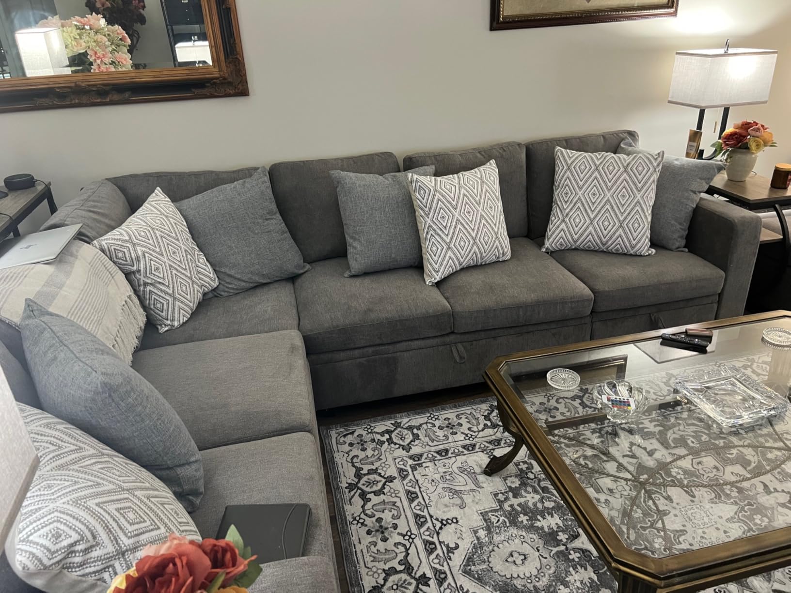 HONBAY Modular Sectional Sleeper Couch with Pull Out Bed, Corduroy L Shaped Sofa with Storage, Convertible Sectional Couches for Living Room, Blue customer photo 2