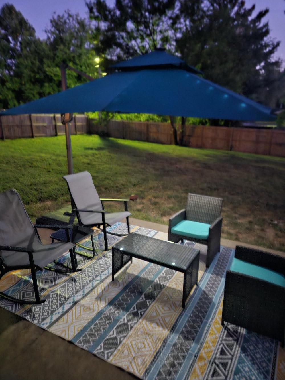 4 Piece Patio Ratten Set Outdoor Furniture Set Wicker Conversation Set with Cushions and Tempered Glass Tabletop, Deep Blue customer photo 1