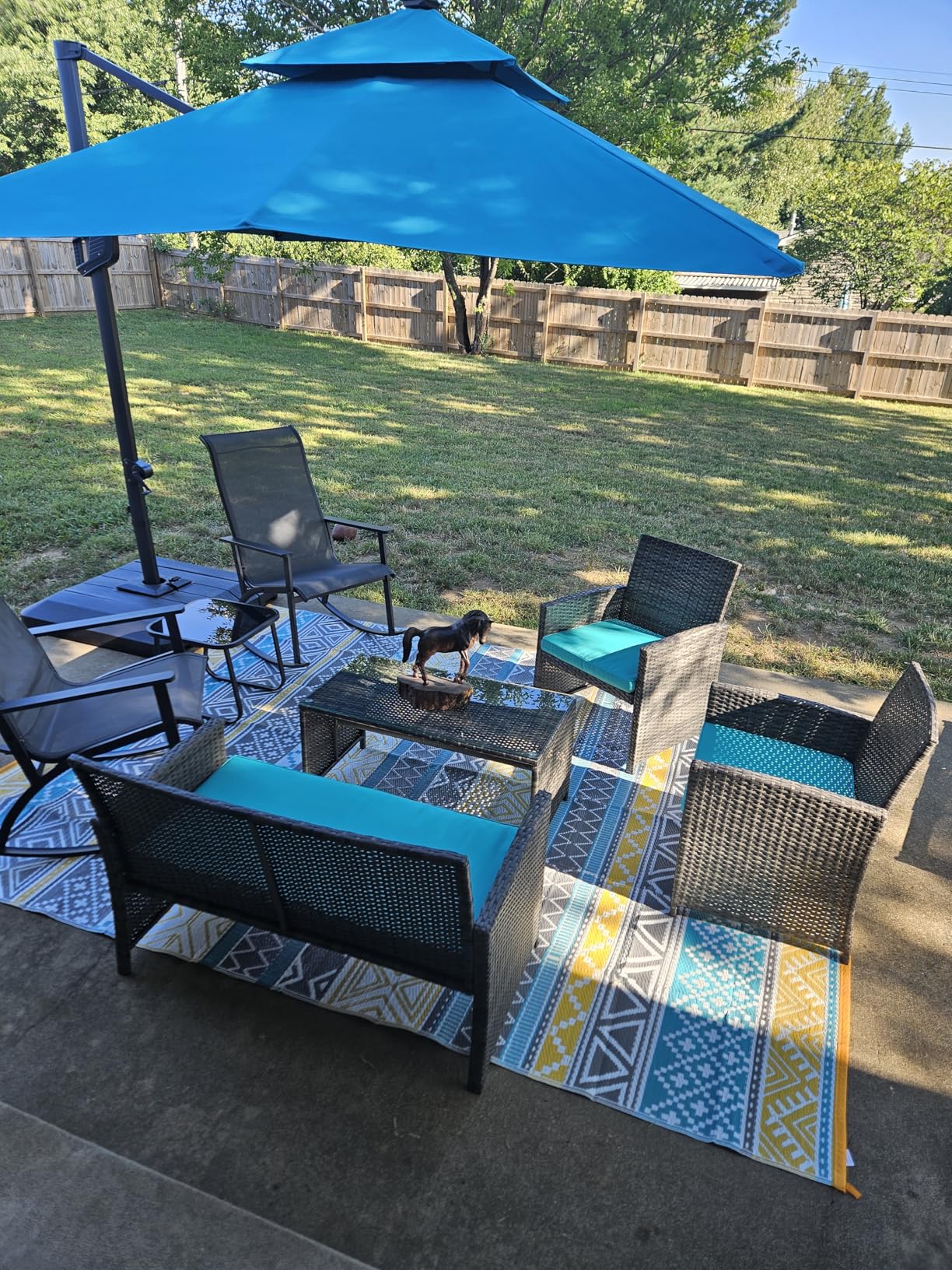4 Piece Patio Ratten Set Outdoor Furniture Set Wicker Conversation Set with Cushions and Tempered Glass Tabletop, Deep Blue customer photo 2