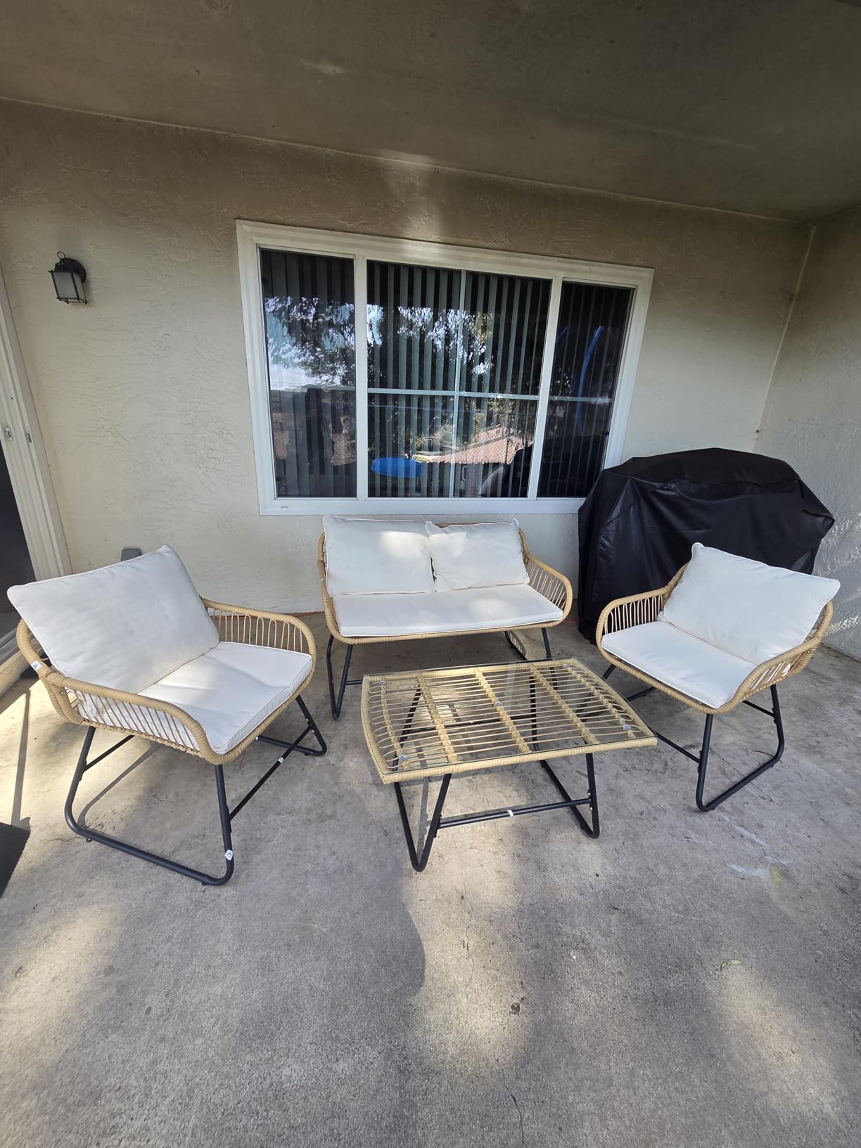 Yaheetech 3 Piece Patio Bistro Set Outdoor Wicker Bistro Furniture Sets, 2 Rattan Chairs and Glass Top Table for Patio, Balcony, Porch, Poolside, Backyard - Tan/Cream customer photo 1