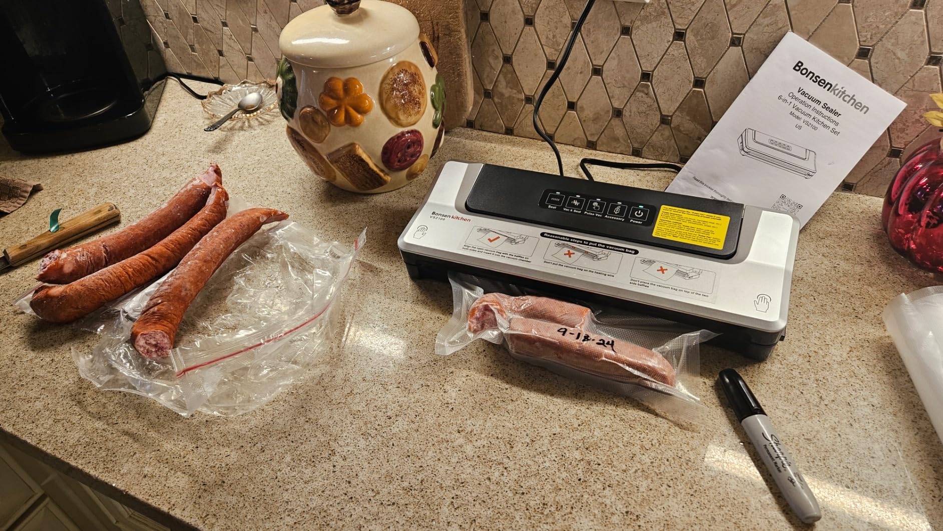 Bonsenkitchen Vacuum Sealer Machine, Stainless Steel Food Sealer Vacuum Sealers with 1 Roll & 5 Bags, 5 Food Vacuum Modes, Built-in Cutter & Bag Storage (Silver Black) customer photo 1