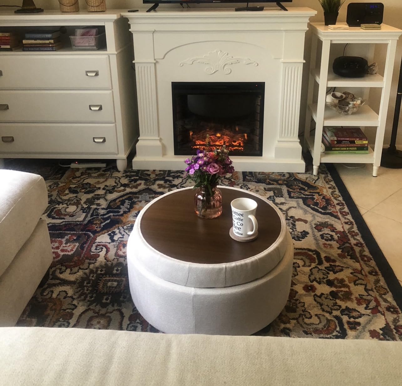 COLAMY Fabric Round Storage Ottoman with Reversible Tray Lid - Multi-Functional Footrest, Hidden Storage, Sturdy & Stylish Small Coffee Table for Living Room, Bedroom, or Entryway, Beige customer photo 1