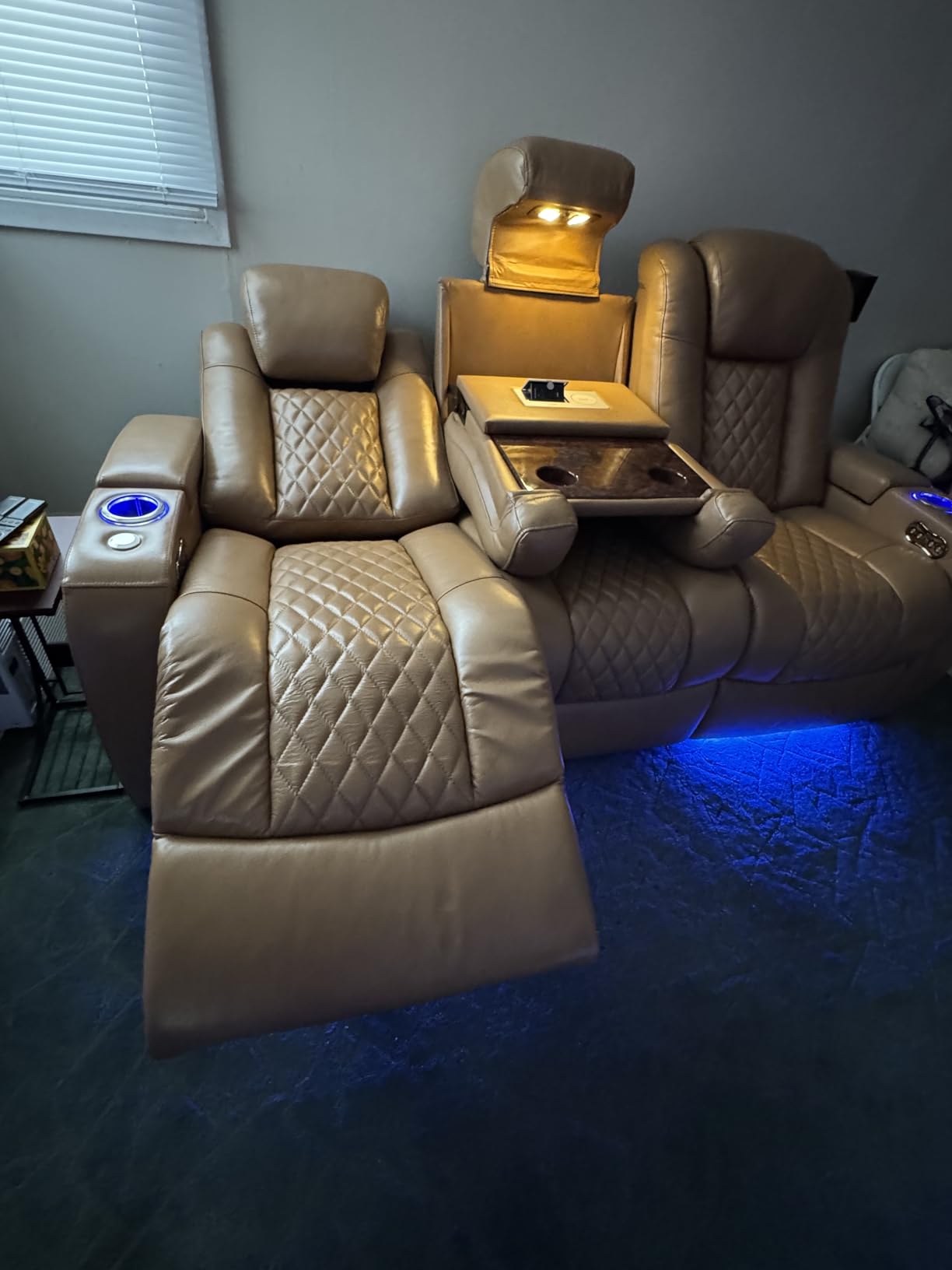 Seatcraft Anthem Tan Oak Italian Leather Home Theater Seating, Powered Headrest Power Recliner Sofa with Fold-Down Table for Family Cinema Room, Gaming and Home Office Chair, Lounge Sofa customer photo 1