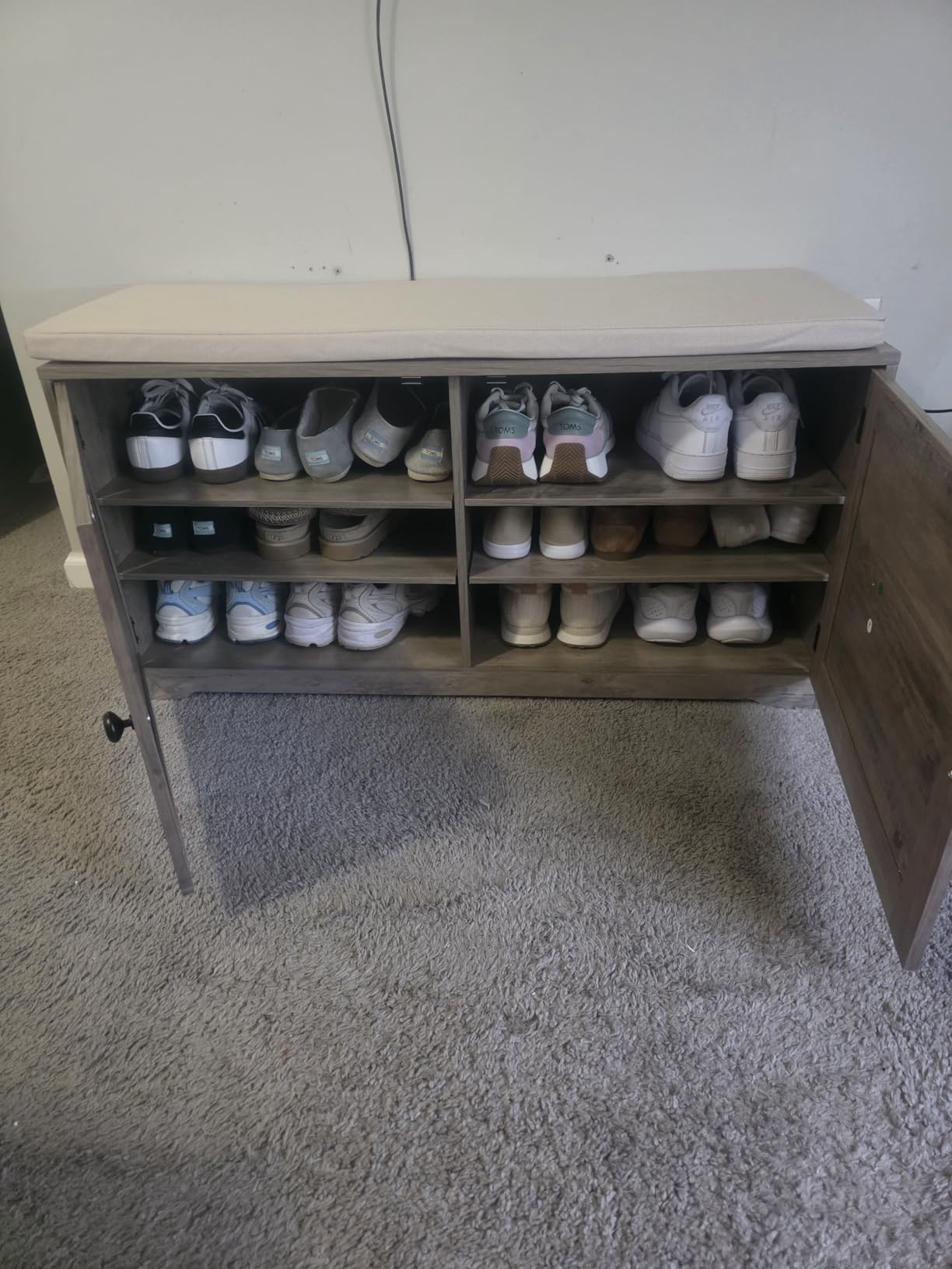 VASAGLE Shoe Storage Bench with Cushion, 3-Tier Entryway Bench with Padded Seat, Doors, Adjustable Shelves, 14 x 39.8 x 20.7 Inches, Hallway, Bedroom, Heather Greige and Cappuccino Beige ULSB044L01 customer photo 1