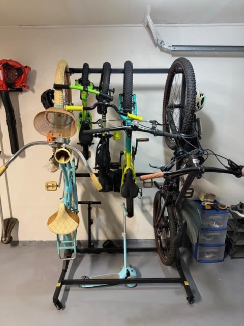 monTEK Freestanding Bike Storage Rack for 5 Bikes, Heavy Duty 350LBS Vertical Bike Stand with 5 Bike Hooks & 6 Helmet Hooks, Indoor and Outdoor Bike Storage Rack with Locking Casters customer photo 1