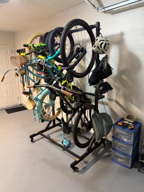 monTEK Freestanding Bike Storage Rack for 5 Bikes, Heavy Duty 350LBS Vertical Bike Stand with 5 Bike Hooks & 6 Helmet Hooks, Indoor and Outdoor Bike Storage Rack with Locking Casters customer photo 2