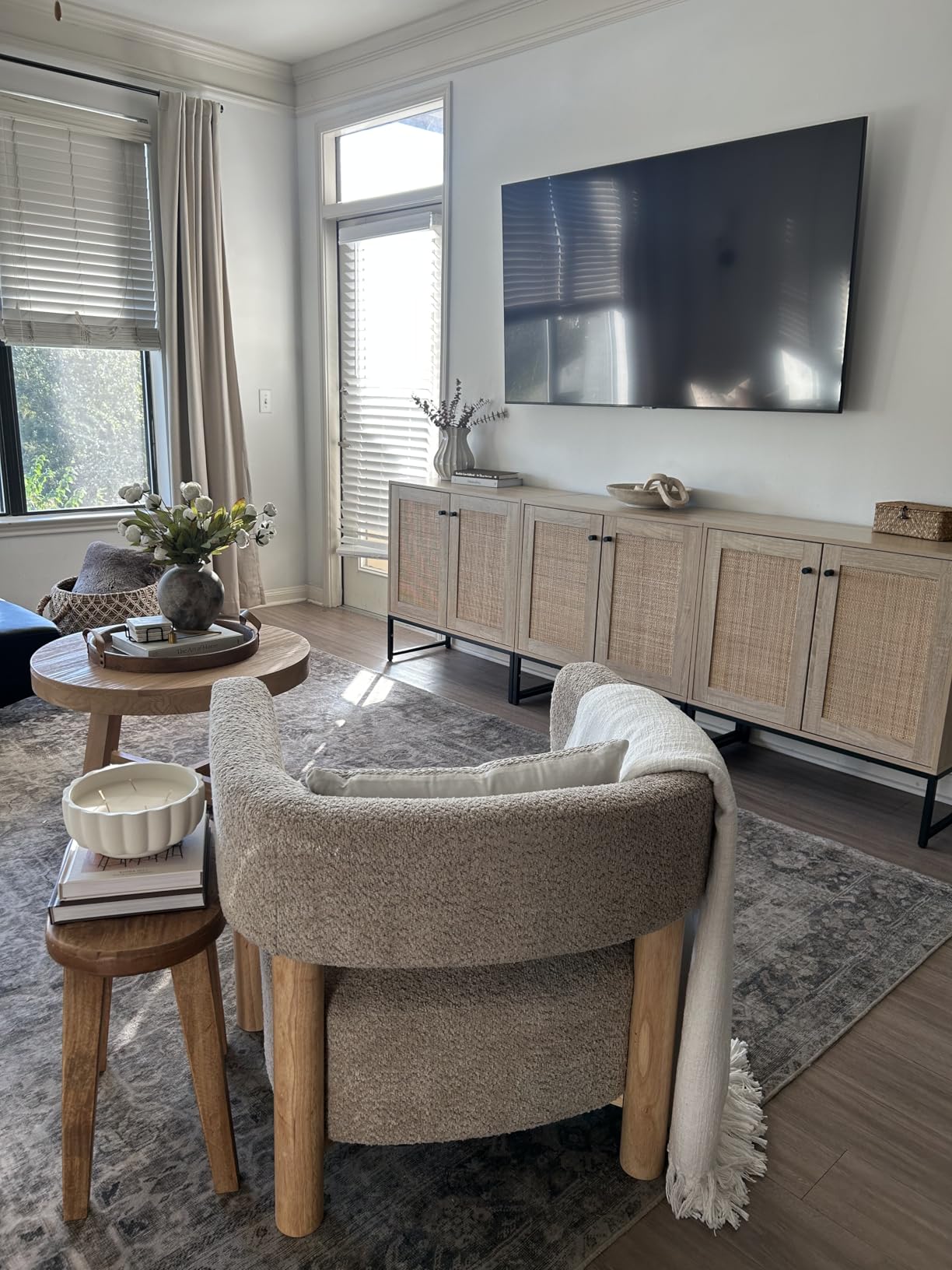 Christopher Knight Home Carly Low Profile Accent Chair, Round Backrest Side Chair, Living Room Armchair with Boucle Fabric Cushion, Comfy Reading Chair for Bedroom, Wooden Single Lounge Sofa, Light Camel customer photo 1