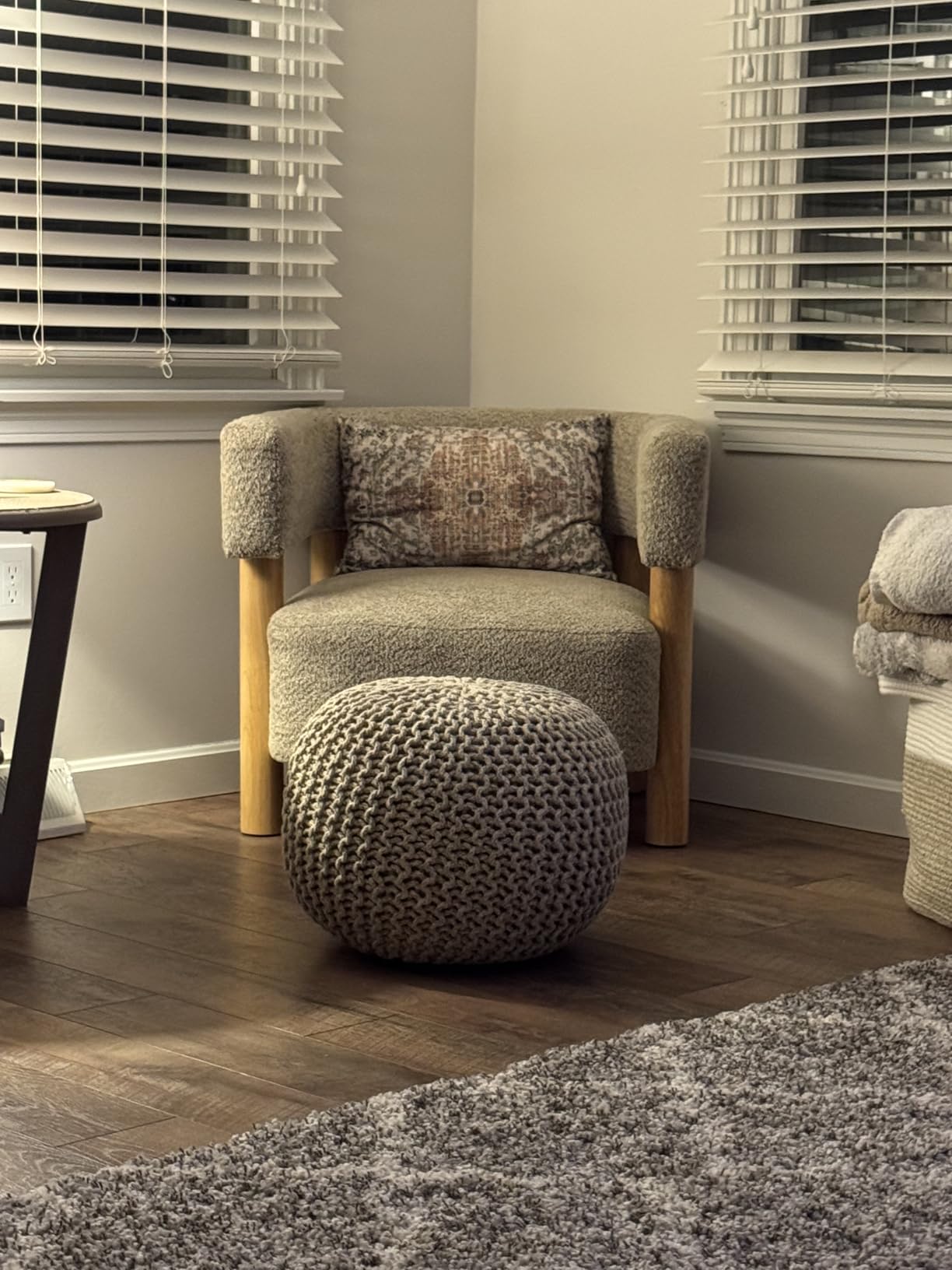 Christopher Knight Home Carly Low Profile Accent Chair, Round Backrest Side Chair, Living Room Armchair with Boucle Fabric Cushion, Comfy Reading Chair for Bedroom, Wooden Single Lounge Sofa, Light Camel customer photo 2