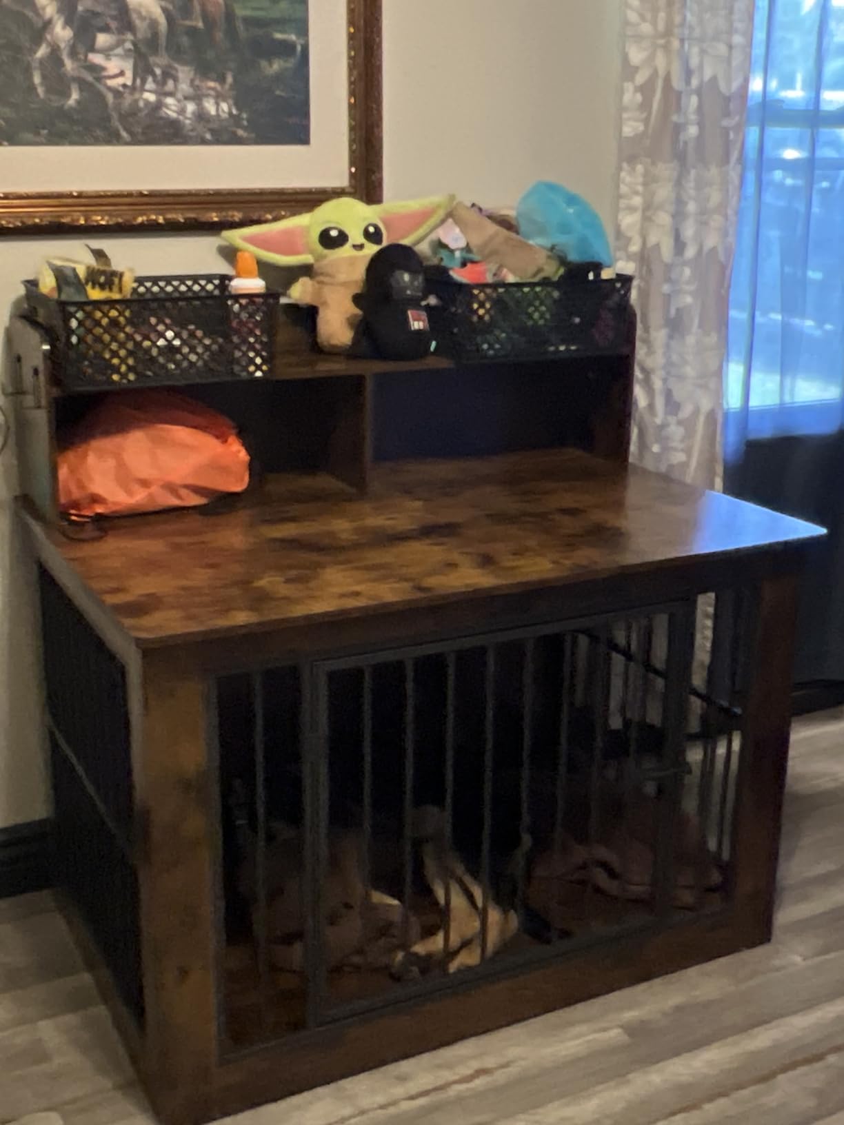 IRONCK Extra Large Dog Crate Furniture, 43.3 inches Wooden Dog Crate with Storage and 4 Hooks, Heavy Duty Pet Crate for Large Dog, Decorative Pet Cage for Indoor customer photo 1