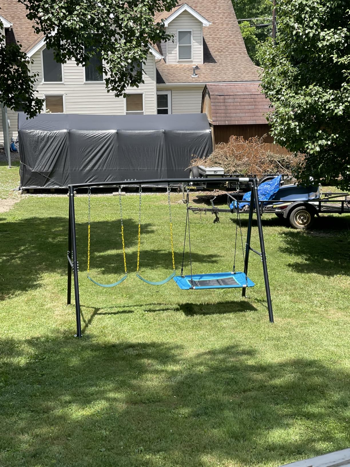 Hapfan 7.3ft Tall Heavy Duty Swing Set, 3 Swings Metal Swing Sets for Backyard, Big Kids Playset for Playground Outdoor - Brown & Green (Patented) customer photo 2