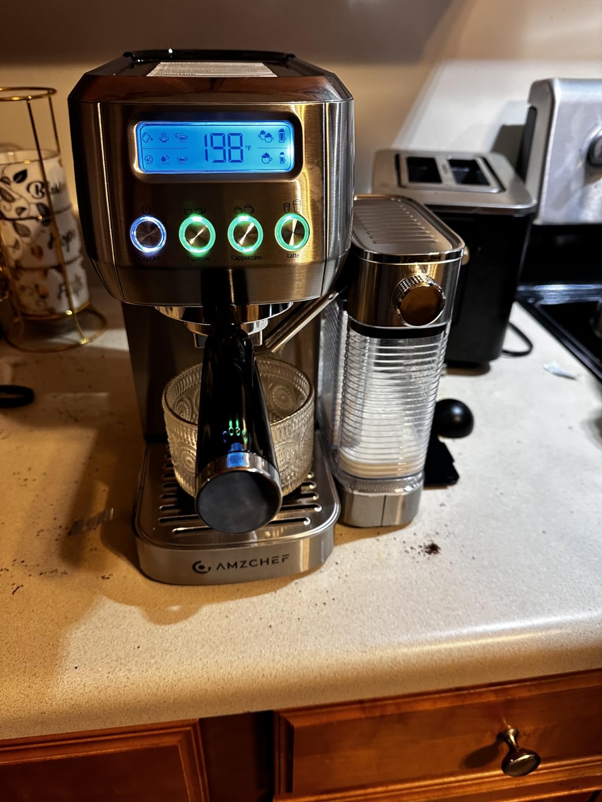 AMZCHEF Espresso Machine with Upgraded Automatic Milk Frother, 20 Bar Cappuccino Machines with LCD Display for Home Gifts, Latte Coffee Maker with Dual Wall & Filters, Silver customer photo 1