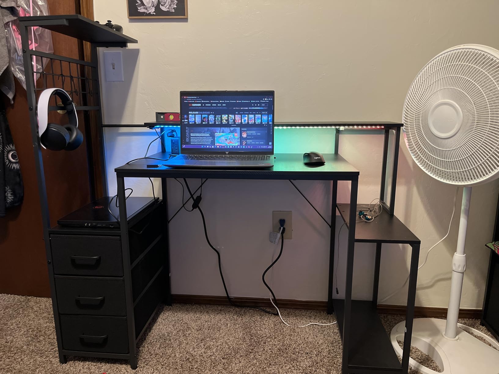 Korfile 48 Inch Gaming Desk with LED Lights & Power Outlets, Computer Desk with Fabric Drawers & Side Hook, Reversible Gamer Table with Monitor Stand customer photo 1
