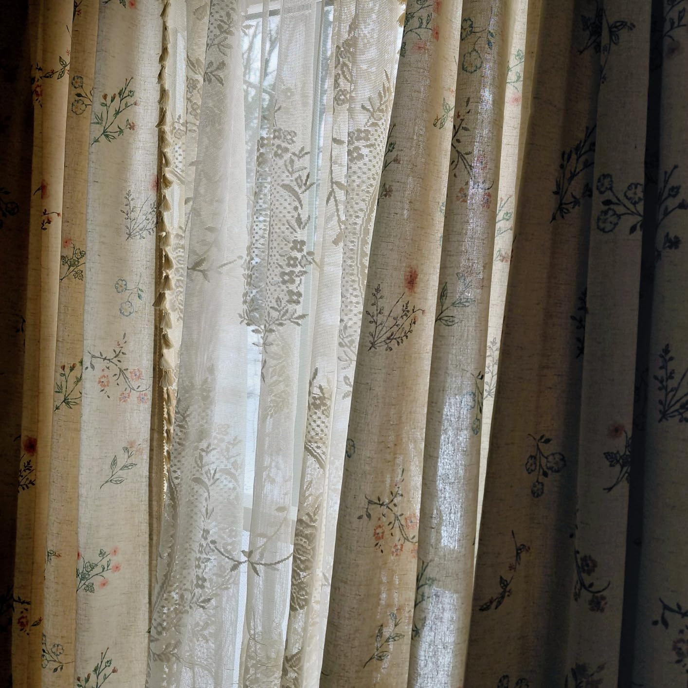 Boho Floral 100% Blackout Curtains for Bedroom 84 Inch Length 2 Panels Set, Linen Texture Farmhouse Curtains Beige Tassel for Living Room Vintage Rustic Patterned Printed Western Rod Pocket customer photo 1
