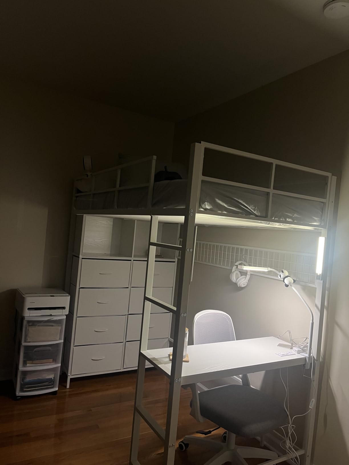 ADORNEVE Loft Bed Full Size with Desk and 8 Storage Drawers, LED Metal Loft Bed with Power Outlet, 2 Shelves & Clothing Rack, Bed with Safety Guardrail & Ladder, Space-Saving, White customer photo 1