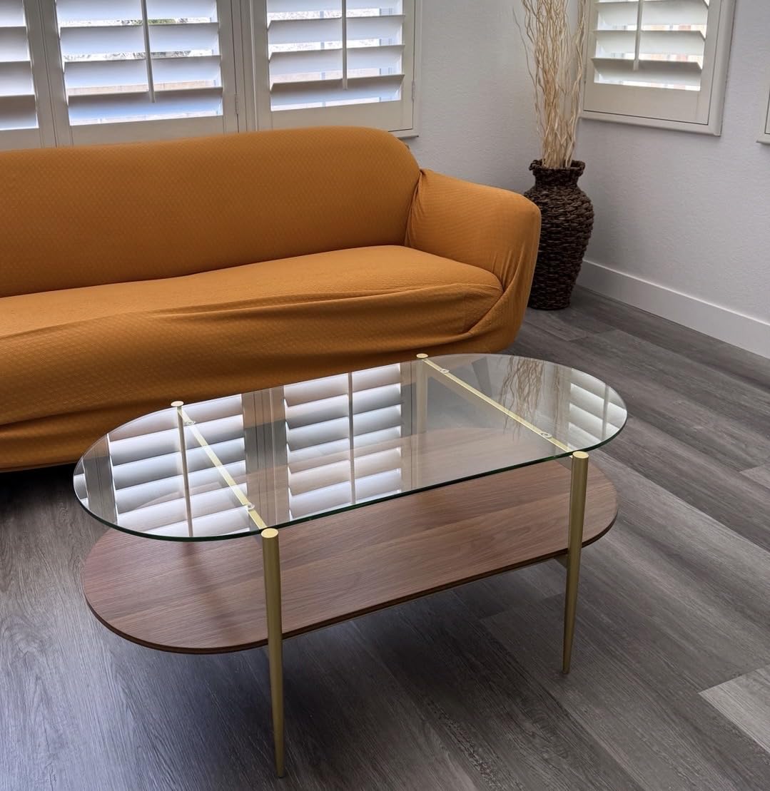LumFurn X-Large Oval Glass Coffee Table, Mid-Century Modern Design, L47 x W24 x H17 inch, for Living Room, Amber Glass Top and Walnut Finish Wood Shelf, Conical Legs with Gold Finish Frame customer photo 1