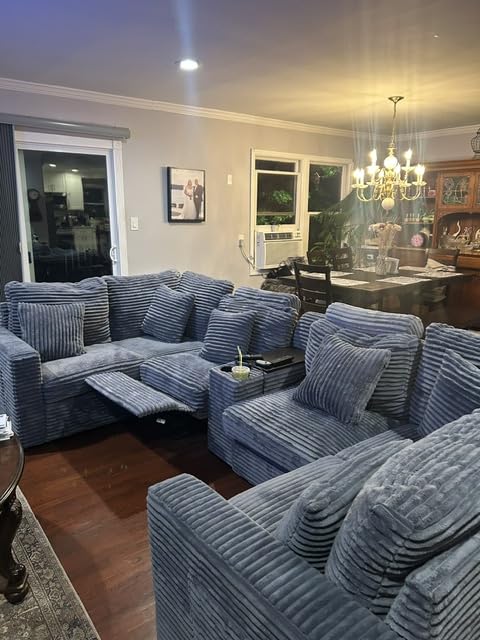 RARZOE Oversized Modular Sectional Sofa with 2 Power Recliner, 5-Seater L-Shaped Corduroy Reclining Couch with Storage Console Charging Cup Holders, Fluffy Reclining Couches for Living Room, Grey customer photo 2