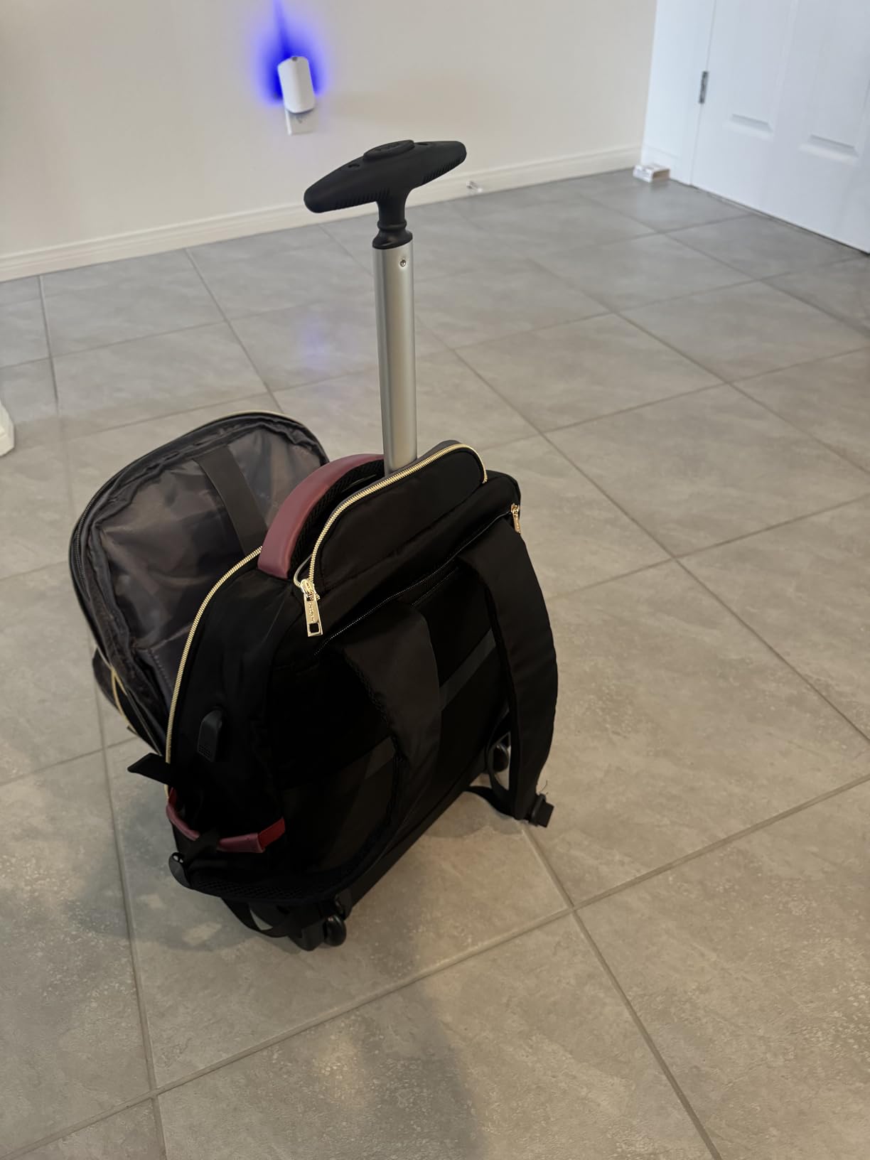 Small Rolling Backpack for Women with Wheels, Roller Laptop Travel Backpack, Lightweight Water Resistant Wheeled Underseat Carry On Luggage for Work and College, Black Purple customer photo 2