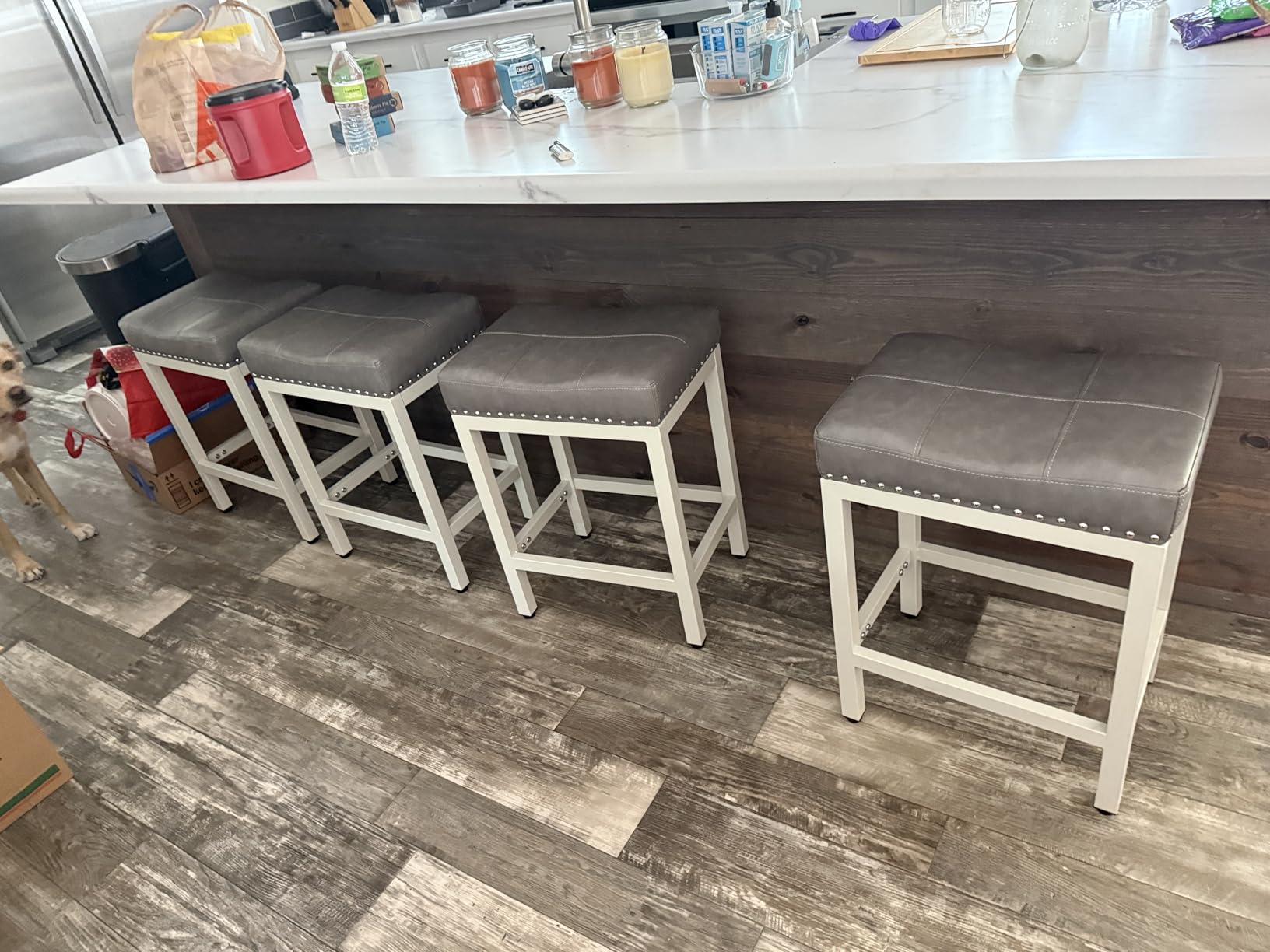 Sweetcrispy 24 Inch Bar Stools Set of 2, Counter Height Barstools for Kitchen Island, PU Leather Upholstered Modern Sadle Barstools with Metal Base and Footrest for Home Bar, Small Apartment, Grey customer photo 1