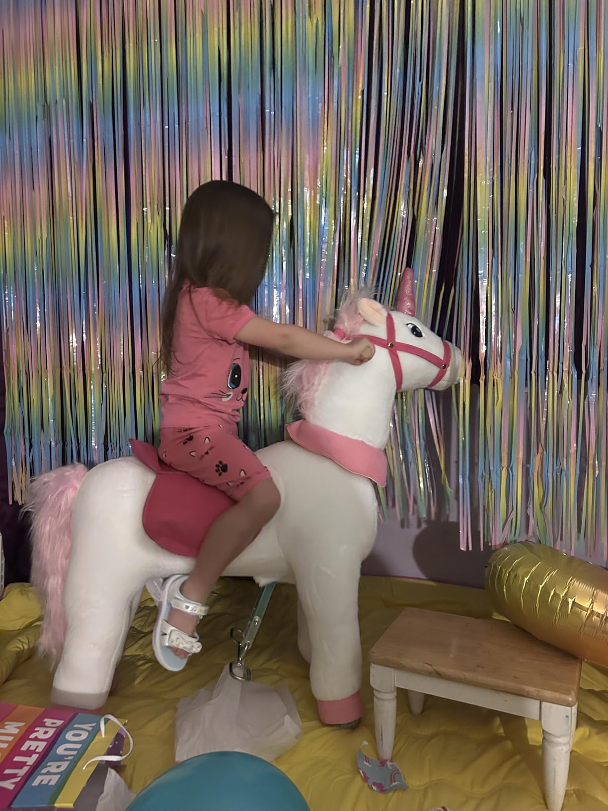 Qaba Ride on Horse for Kids 4-7 Years, 37.8 Inch Height Plush Riding Unicorn, Walking Horse Animal with Rolling Wheels for Active Play, No Batteries Required, Purple customer photo 1