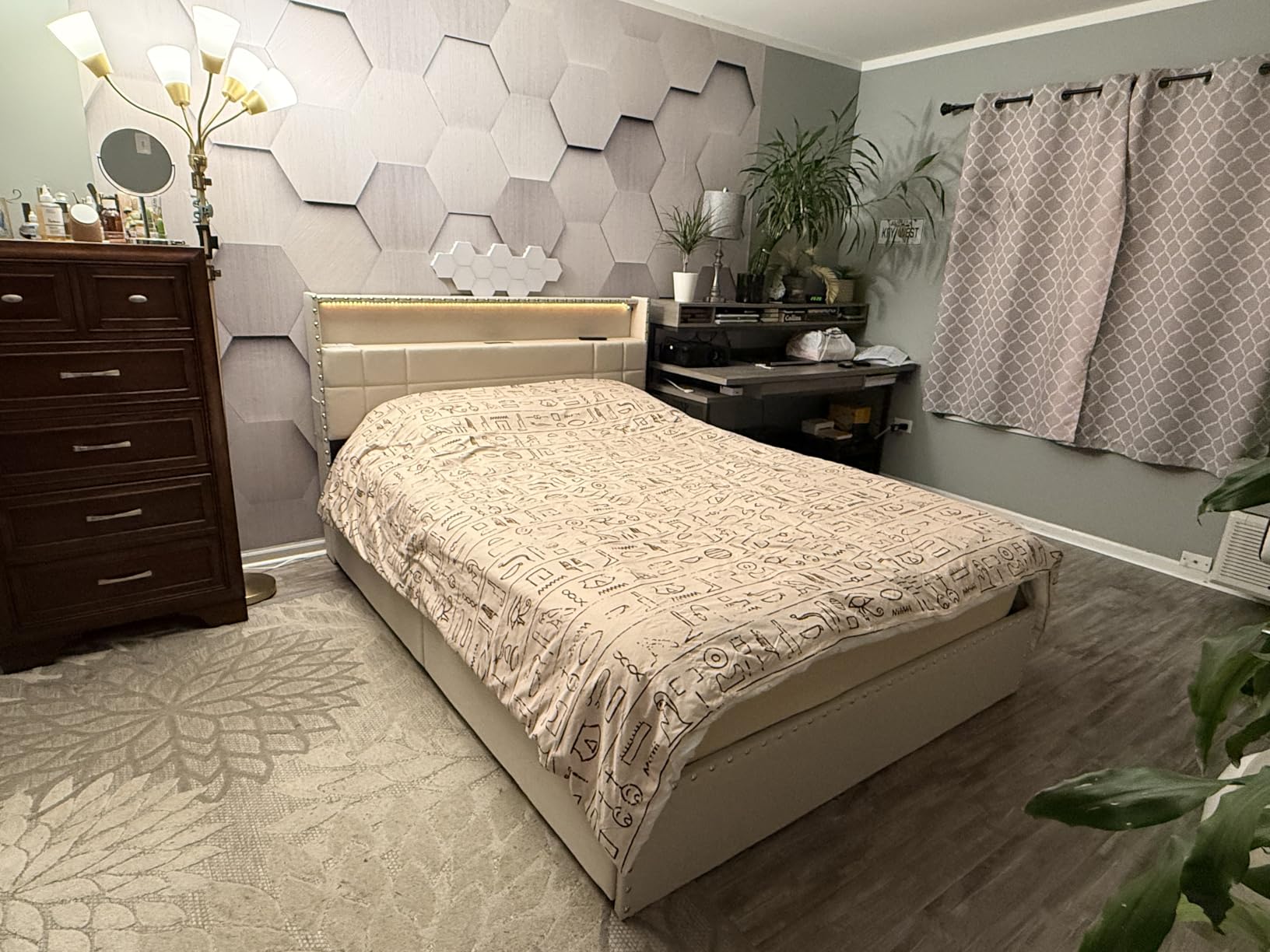 Forestell Queen Bed Frame with 4 Drawers and Storage Headboard, Upholstered Platform Bed Frame Queen Size with LED Lights and Charging Station, Metal Slats Support, No Box Spring Needed, Beige customer photo 2