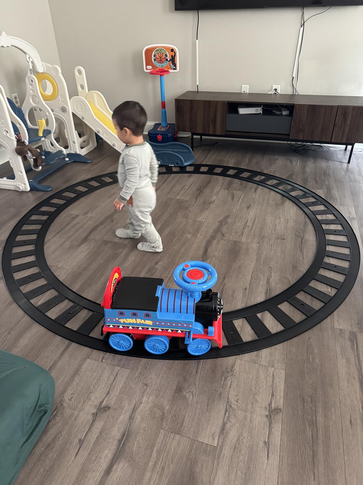Costzon 2-Seater Ride on Train with Carriage, 6V Ride on Toy w/Under-Seat Storage, Footrests, Train Whistle, Music & Colorful Flashing LED Lights, Electric Car for Kids Aged 18+ (2 Seaters, Green) customer photo 1