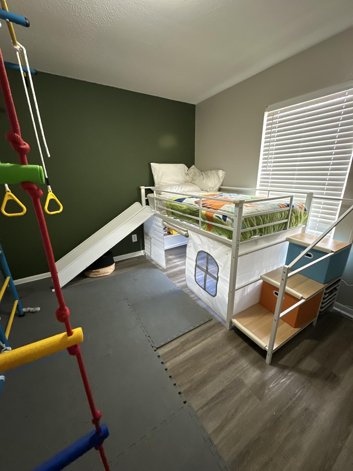 DICTAC Low Loft Bed with Desk and 6 Storage Drawers Twin Loft Bed with Bookshelf, LED Lights & Under-Bed Play Space, Kids Twin Beds with 13.8''H Safety Guardrail, Inclined Ladder&Play Curtain, Pink+White customer photo 1