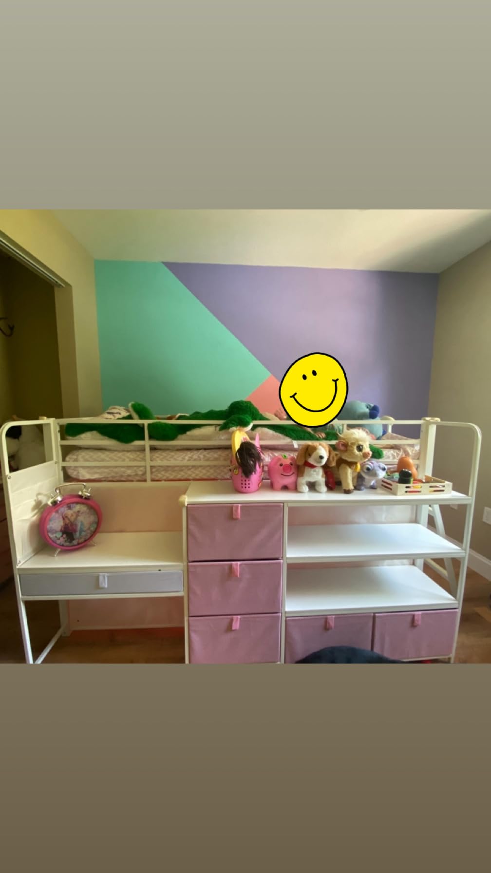 DICTAC Low Loft Bed with Desk and 6 Storage Drawers Twin Loft Bed with Bookshelf, LED Lights & Under-Bed Play Space, Kids Twin Beds with 13.8''H Safety Guardrail, Inclined Ladder&Play Curtain, Pink+White customer photo 2