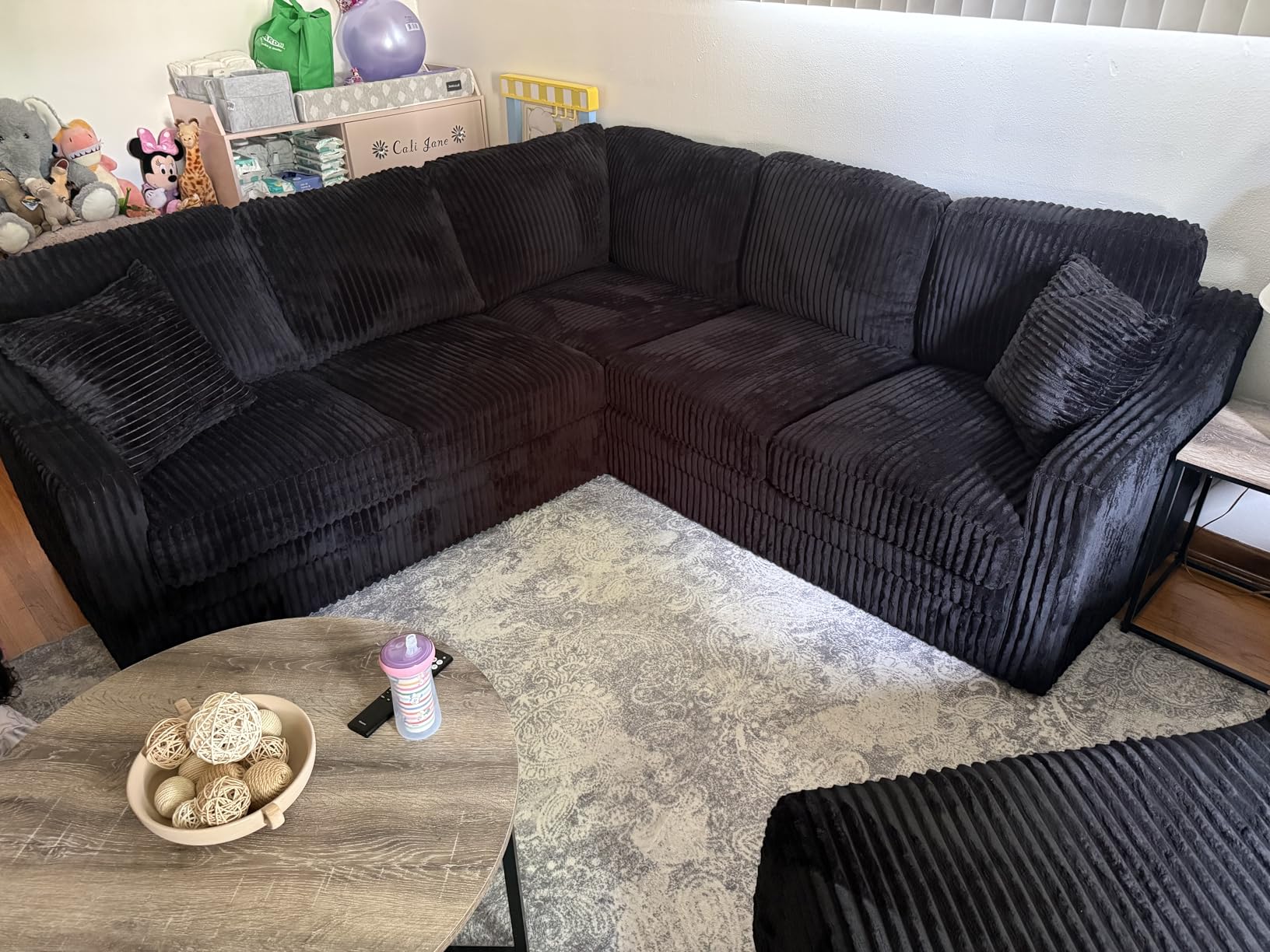 89 Inches Corduroy Sectional Sofa with High Density Sponge, Modern 5 Seats Corner Couch with Deep Seat, Comfy Modular L Shaped Couch with Comfortable Back Cushions for Living Room, Black customer photo 1
