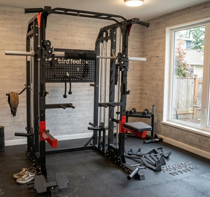 Multi-Function 2000LB Smith Machine Power Cage, Home Gym Squat Rack Featuring LAT Pulldown, Dual Pulley Cable Crossover, Gym-Quality Power Rack with Strength Training Attachments, Pegboard customer photo 2