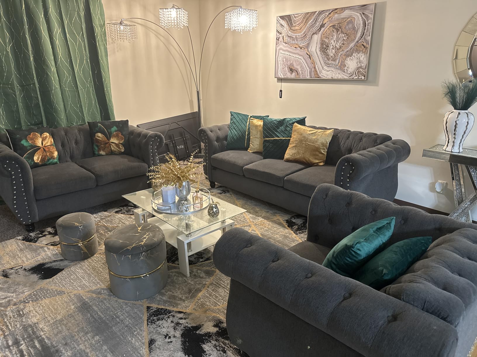 Harper & Bright Designs Modern Chesterfield Velvet Sectional Sofa, 3+3 Seater Combination Sofa with Rolled Arms, Button Tufted Back, Gold Studs - for Apartment & Family Living Room (Grey) customer photo 1