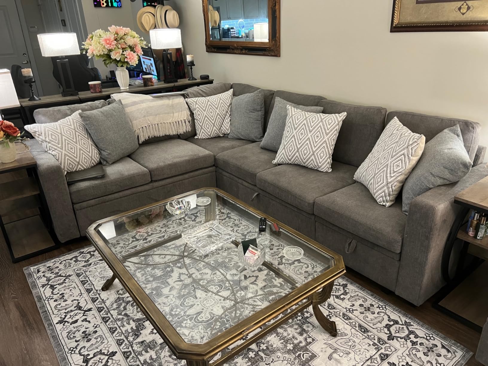 HONBAY Modular Sectional Sleeper Sofa with Pull Out Bed, L Shaped Sofa with Storage, Modular Sectional Couches for Living Room, Green customer photo 1