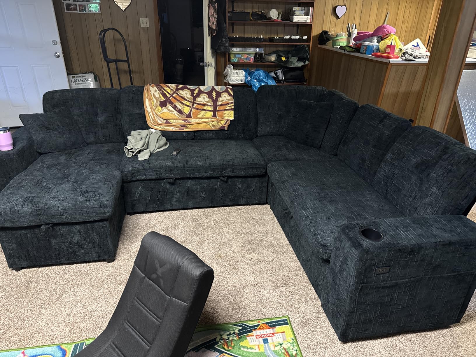 Modular Sectional Sleeper Sofa with Pull Out Bed, 108 Inch U Shaped 7 Seat Couches for Living Room, Chenille Fabric Cloud Couch Bed with Storage & Reclining Backrest, USB Charging, Grey customer photo 2