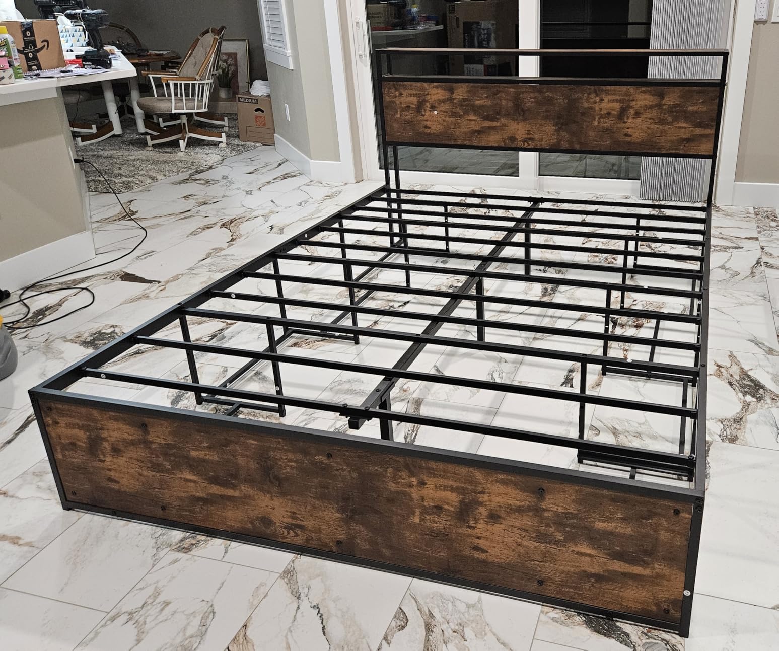 LIKIMIO Queen Bed Frame with 12 Fabric Storage Drawers, Industrial Platform Bed Frame with Headboard, No Box Spring Needed, Sturdy Metal Slat Support, Rustic Brown, Noise-Free, Easy Assembly customer photo 1